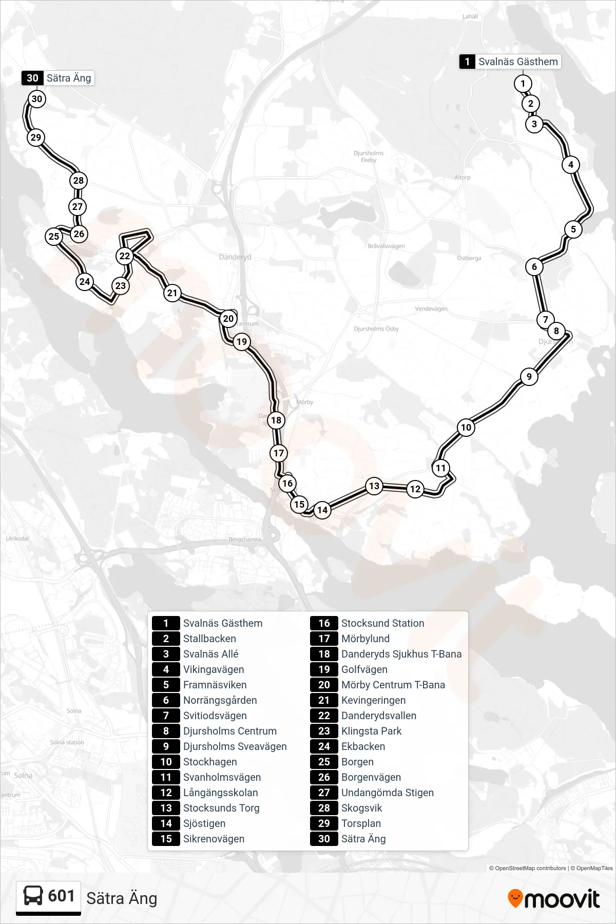 Rutt och hållplatser på karta för linje 601  buss, (Sätra Äng)