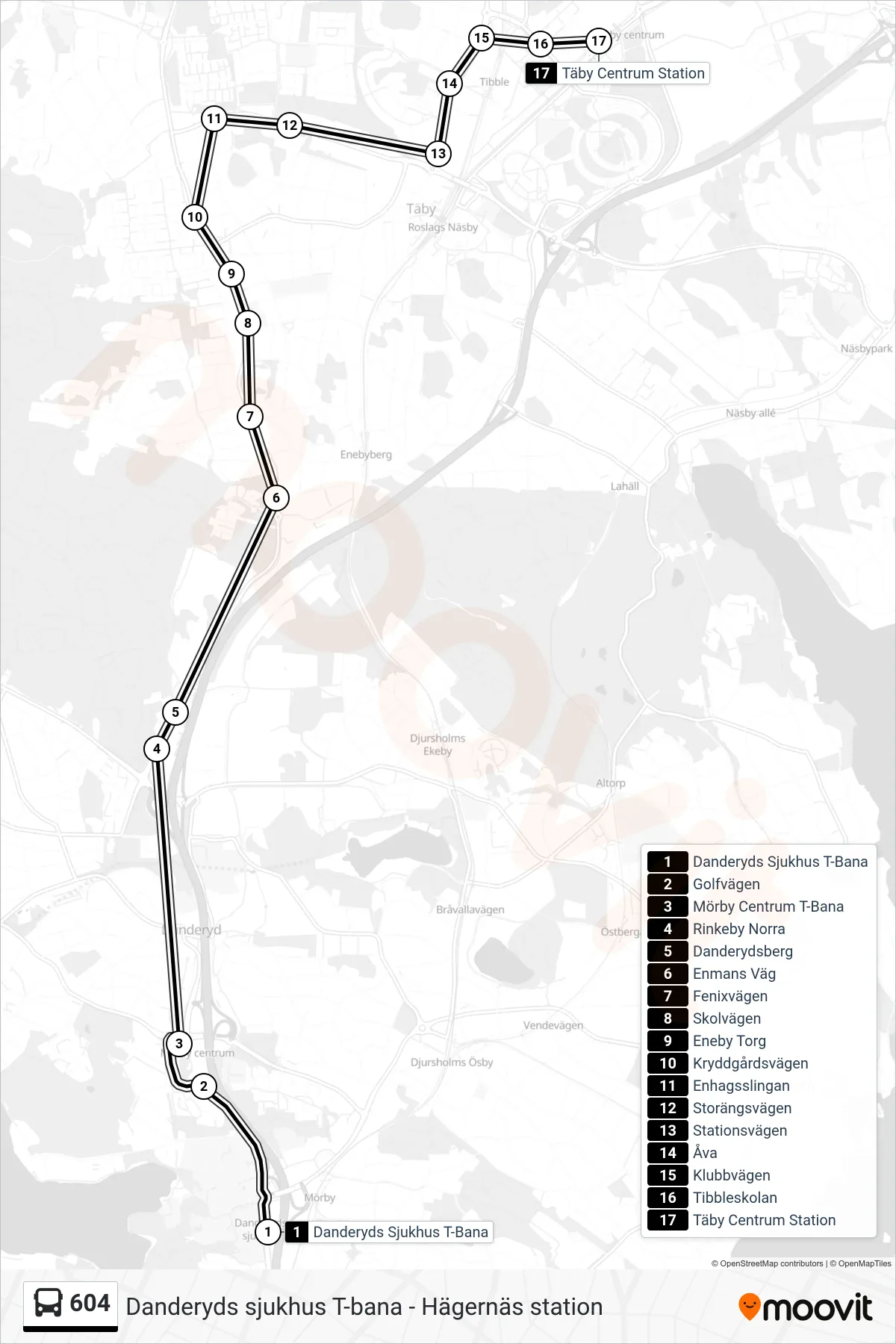 Rutt och hållplatser på karta för linje 604 buss, (Täby Centrum Station)