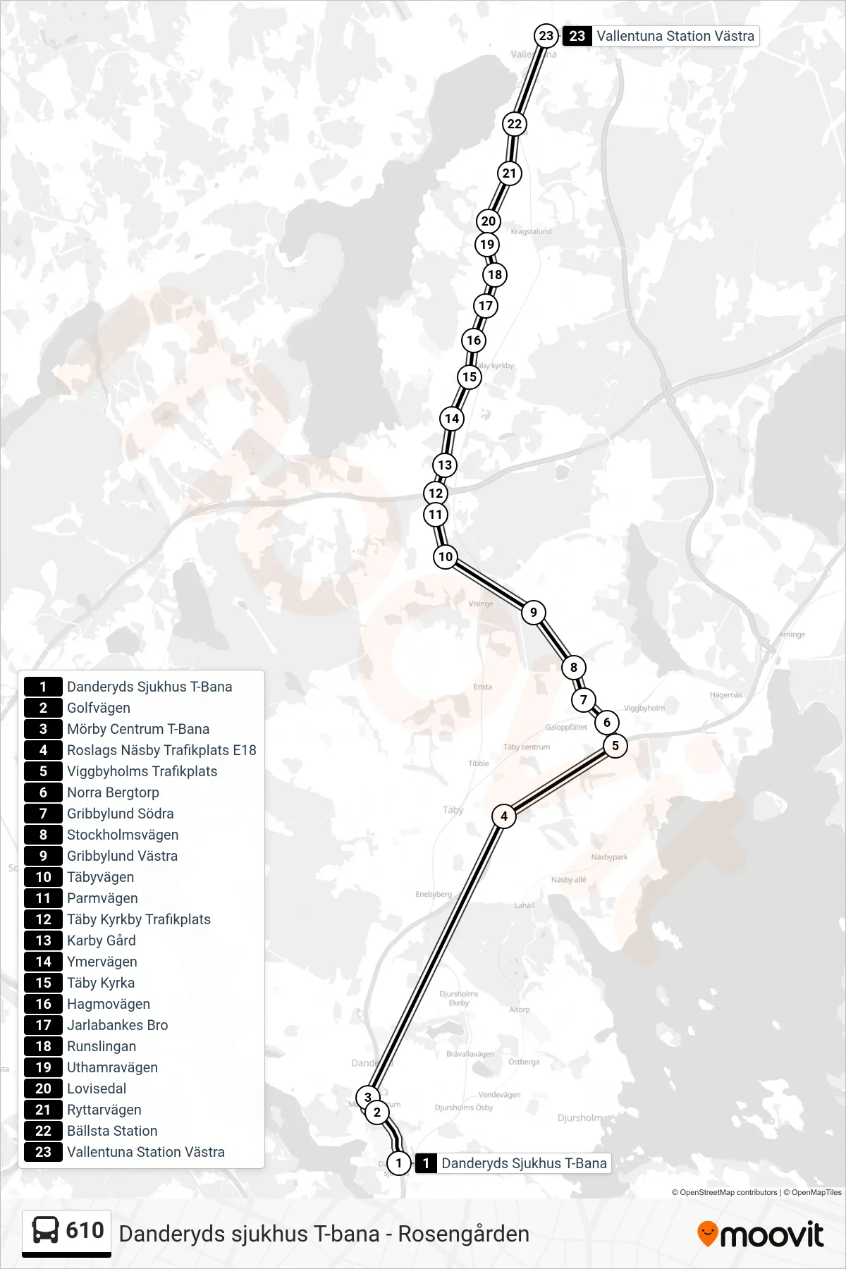 Rutt och hållplatser på karta för linje 610  buss, (Vallentuna Station Västra)
