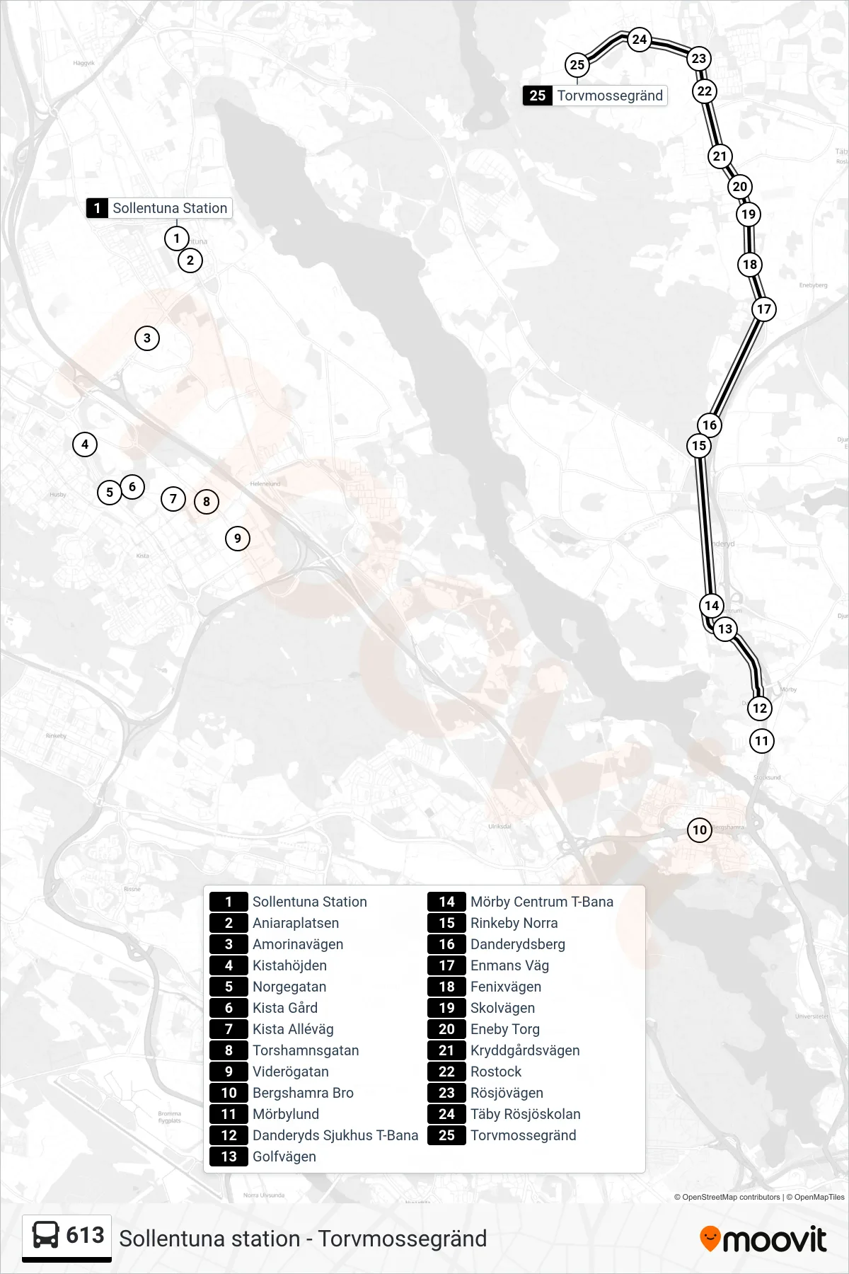 Rutt och hållplatser på karta för linje 613  buss, (Torvmossegränd)