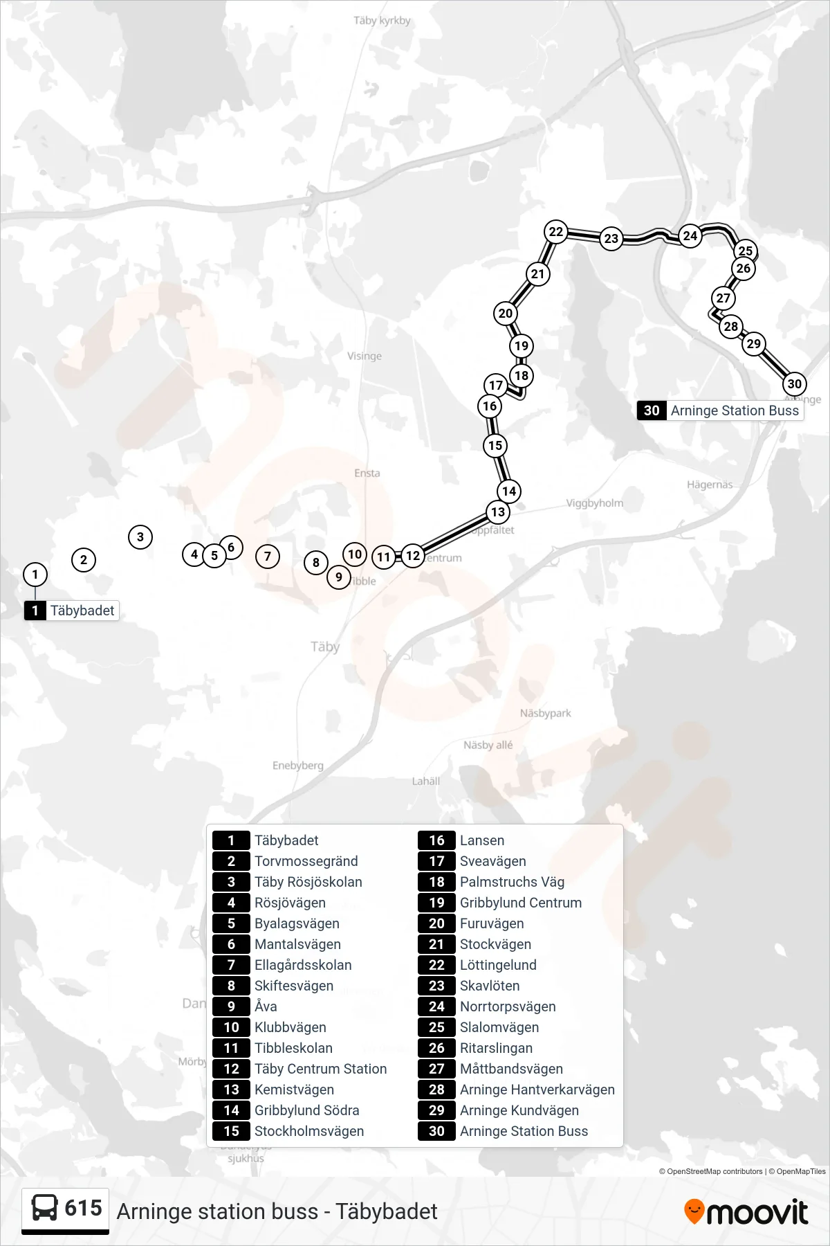 Rutt och hållplatser på karta för linje 615 buss, (Arninge Station Buss)