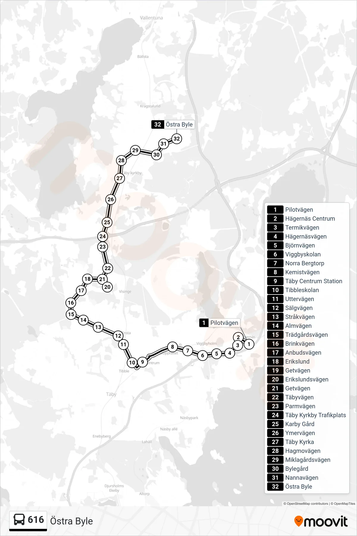 Rutt och hållplatser på karta för linje 616 buss, (Östra Byle)
