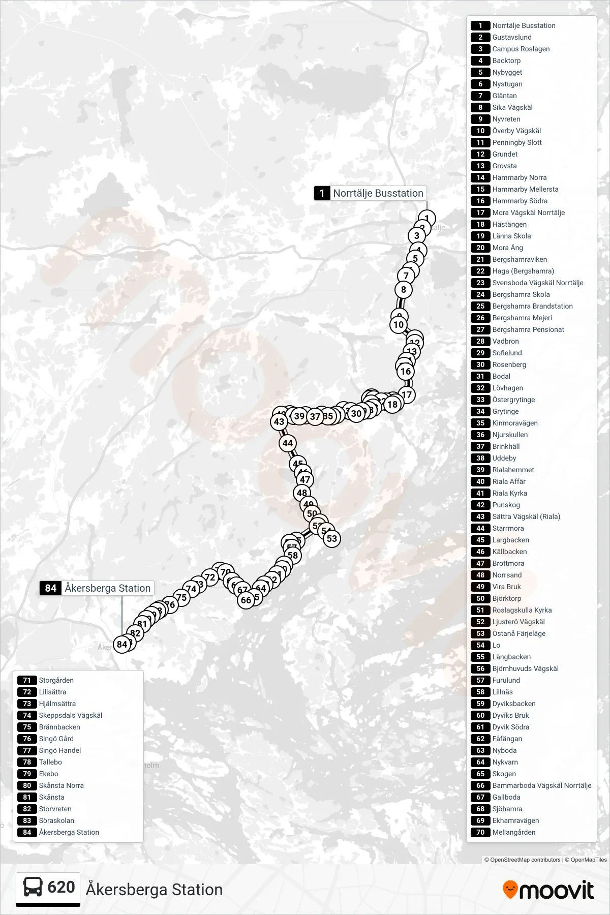 Rutt och hållplatser på karta för linje 620 buss, (Åkersberga Station)