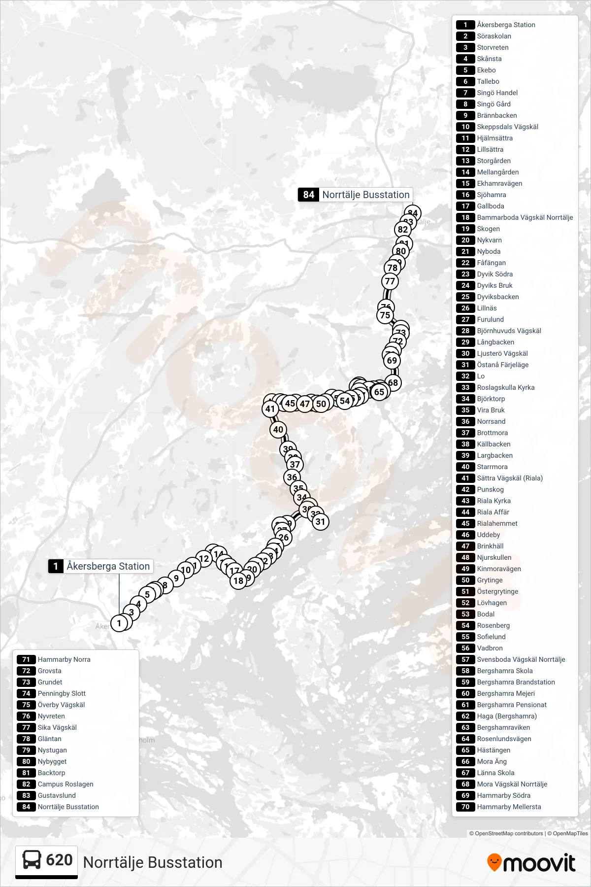 Rutt och hållplatser på karta för linje 620  buss, (Norrtälje Busstation)