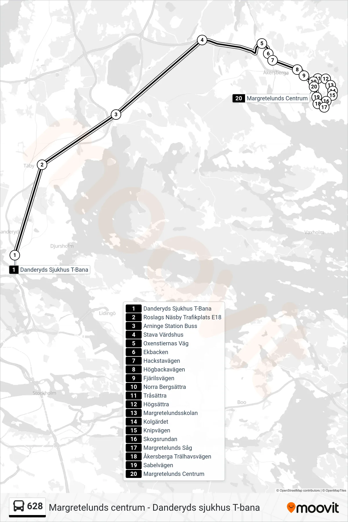 Rutt och hållplatser på karta för linje 628 buss, (Margretelunds Centrum)