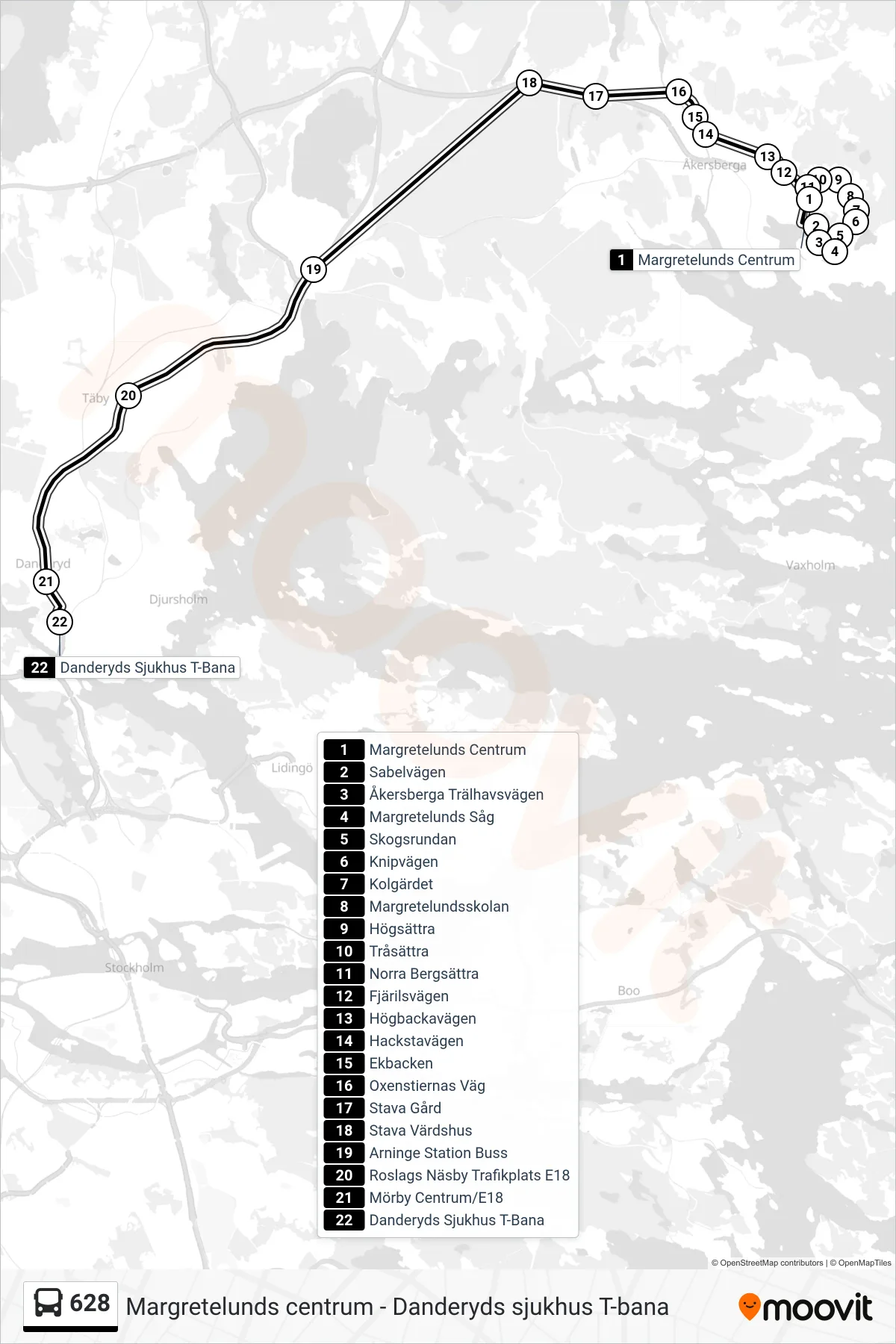 Rutt och hållplatser på karta för linje 628  buss, (Danderyds Sjukhus T-Bana)
