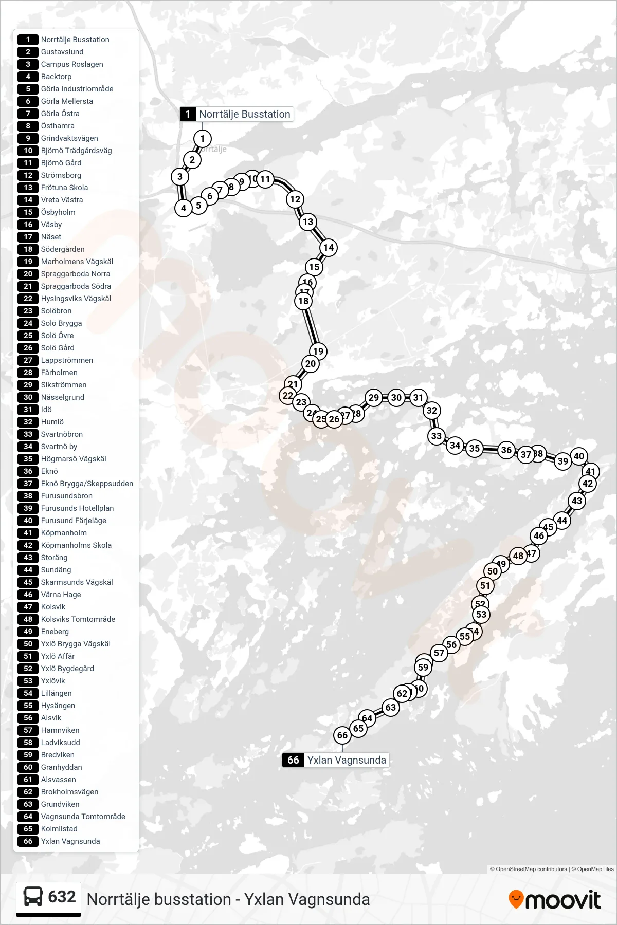 Rutt och hållplatser på karta för linje 632 buss, (Yxlan Vagnsunda)