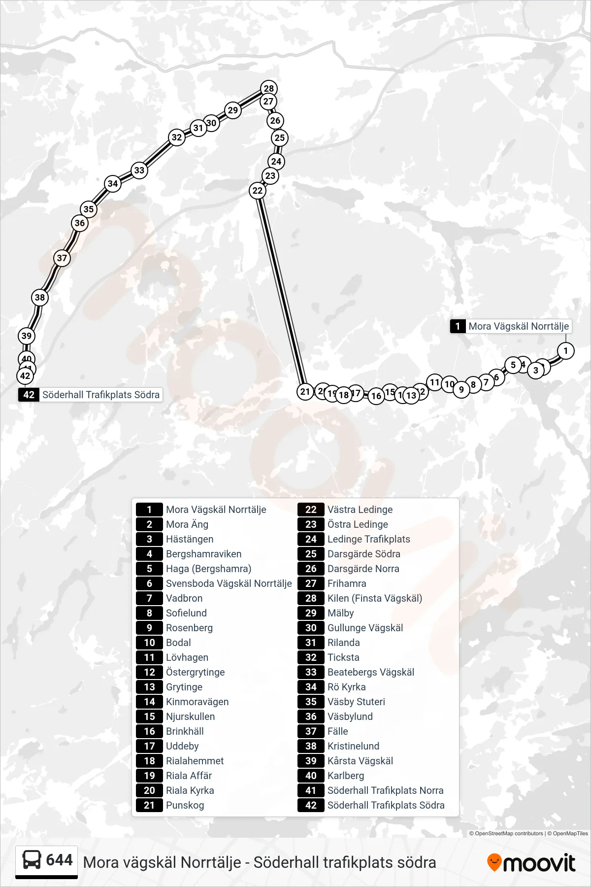 Rutt och hållplatser på karta för linje 644 buss, (Söderhall Trafikplats Södra)
