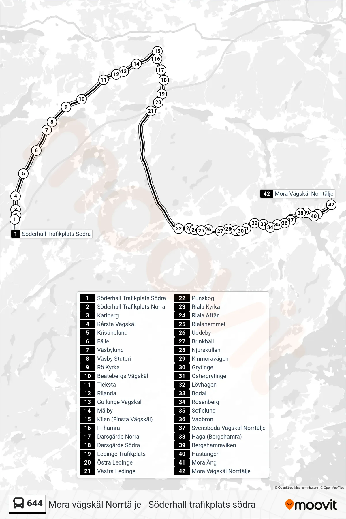 Rutt och hållplatser på karta för linje 644  buss, (Mora Vägskäl Norrtälje)