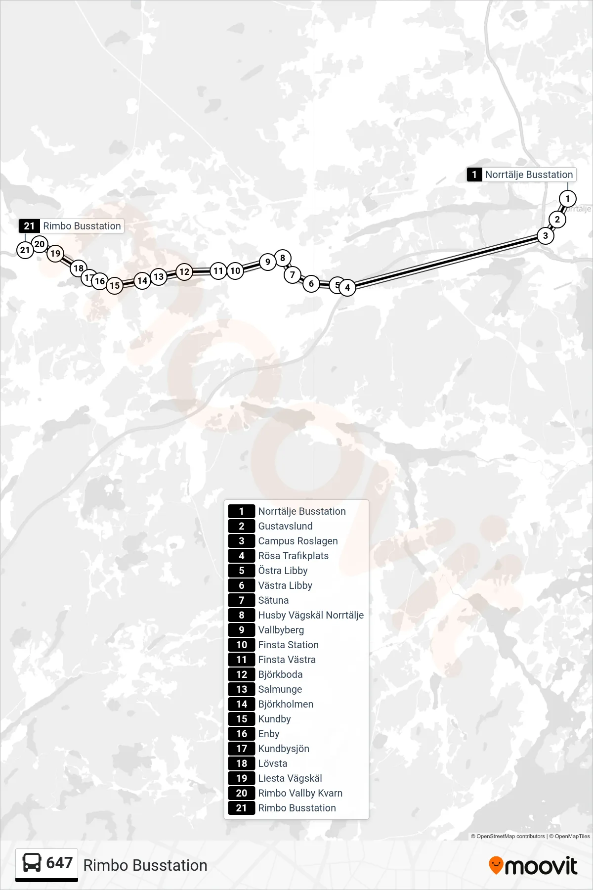 Rutt och hållplatser på karta för linje 647  buss, (Rimbo Busstation)