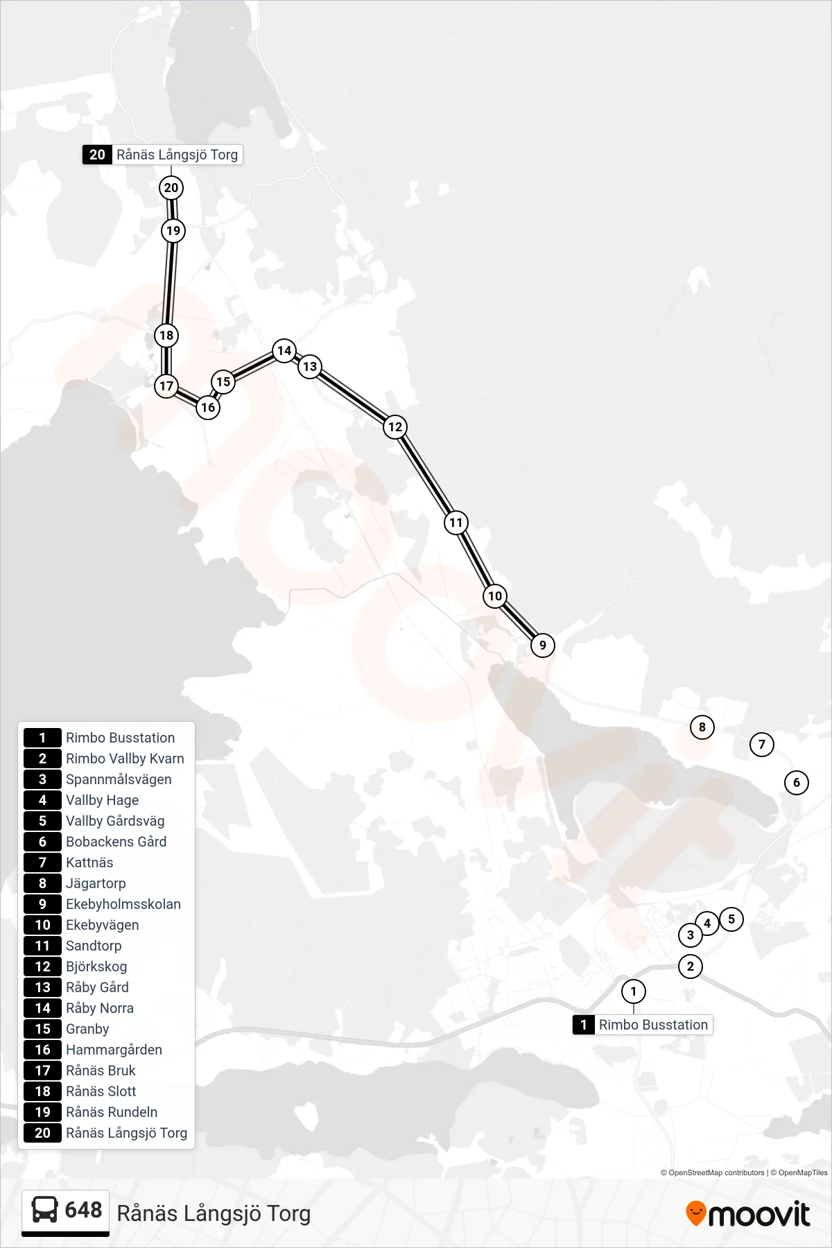 Rutt och hållplatser på karta för linje 648 buss, (Rånäs Långsjö Torg)
