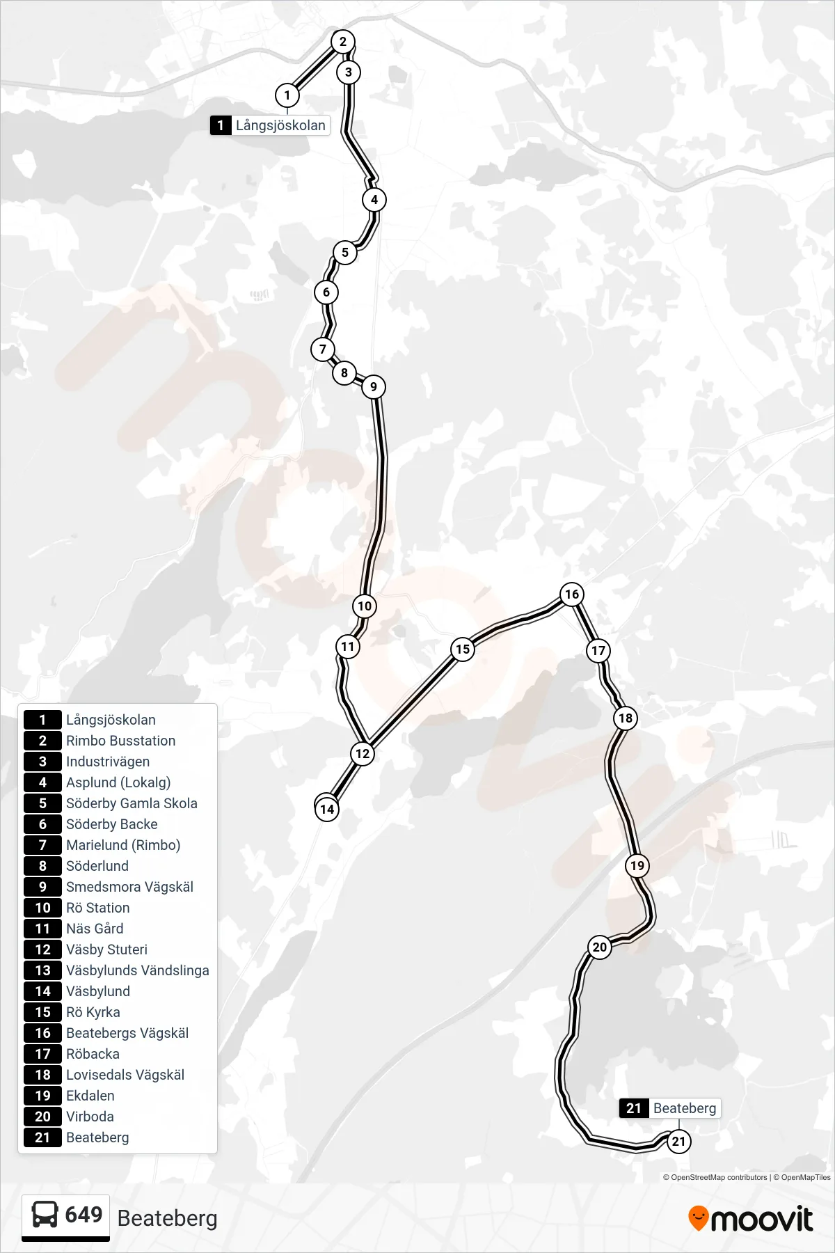 Rutt och hållplatser på karta för linje 649 buss, (Beateberg)