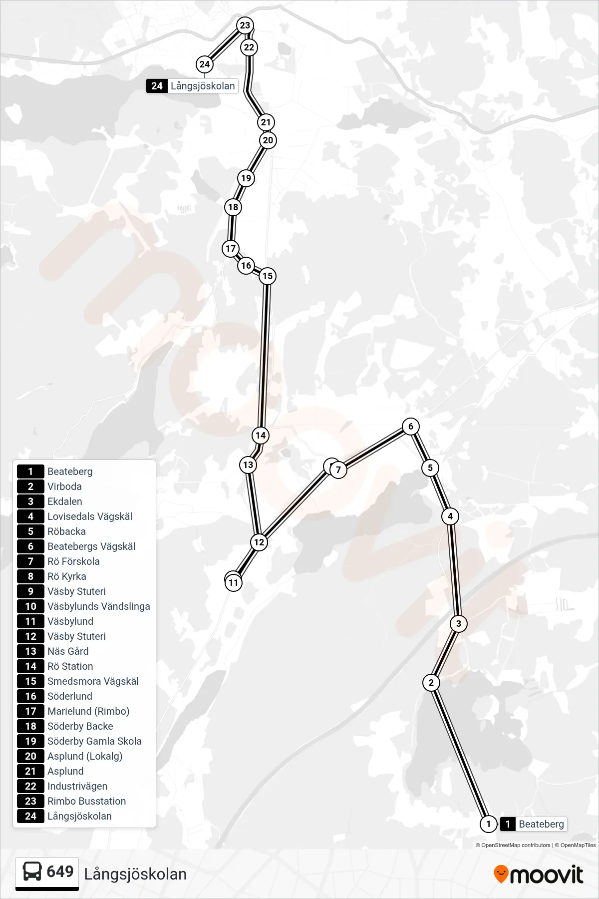 Rutt och hållplatser på karta för linje 649  buss, (Långsjöskolan)