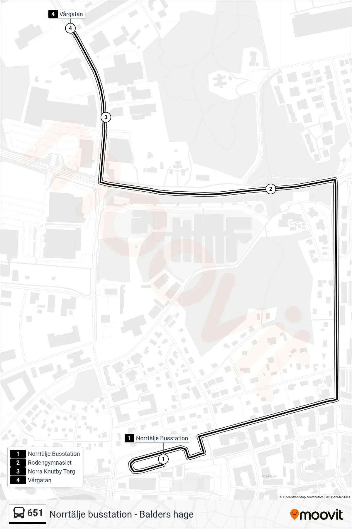 Rutt och hållplatser på karta för linje 651  buss, (Vårgatan)