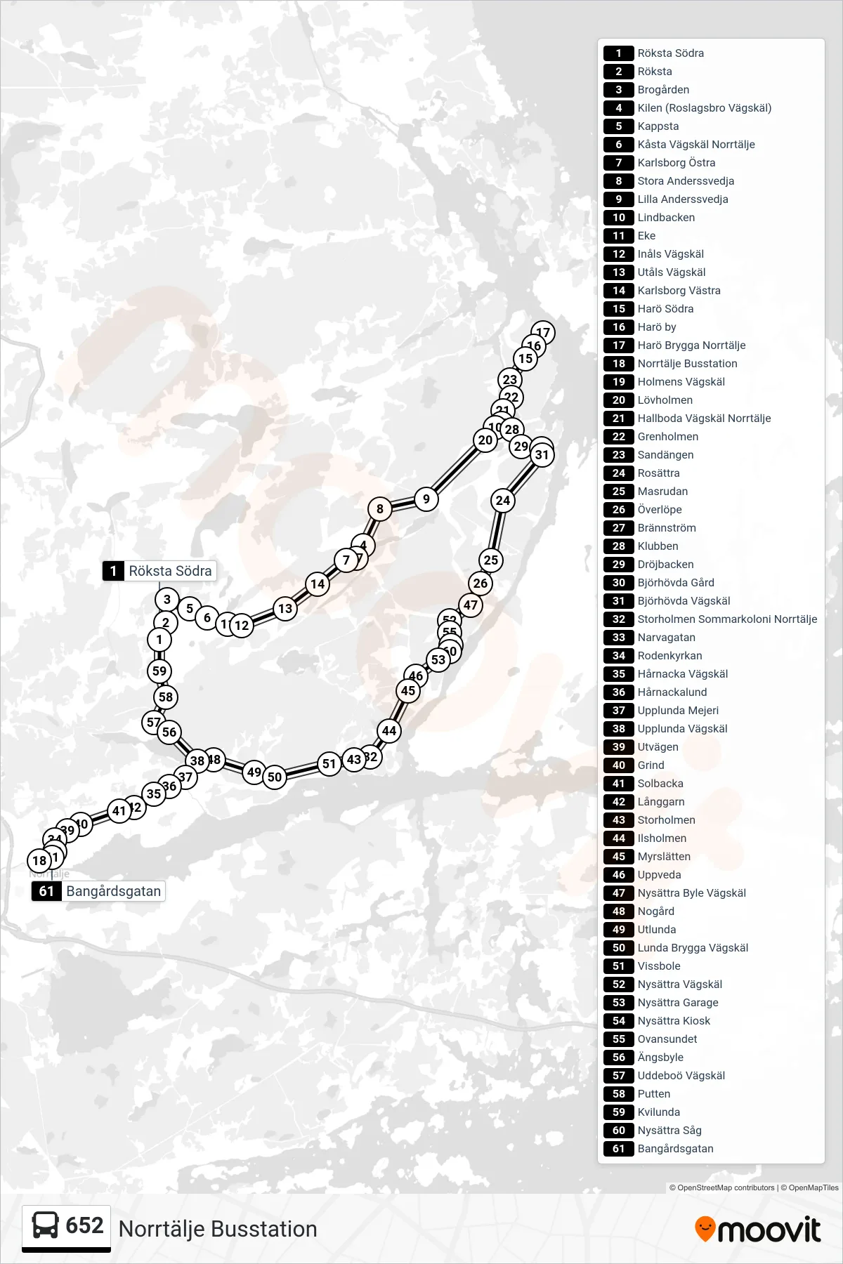 Rutt och hållplatser på karta för linje 652 buss, (Norrtälje Busstation)