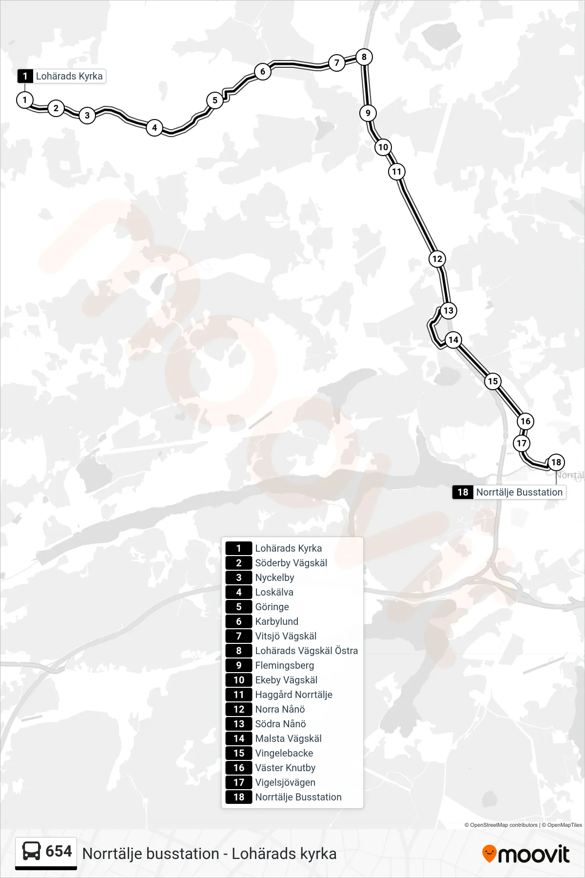 Rutt och hållplatser på karta för linje 654 buss, (Norrtälje Busstation)