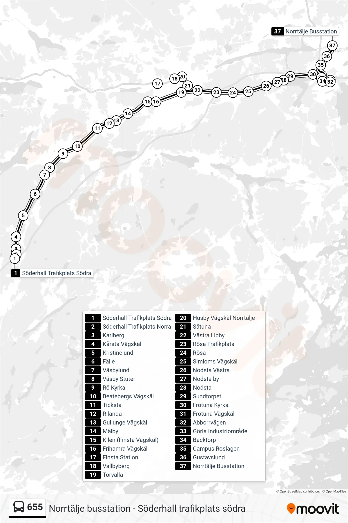 Rutt och hållplatser på karta för linje 655  buss, (Norrtälje Busstation)