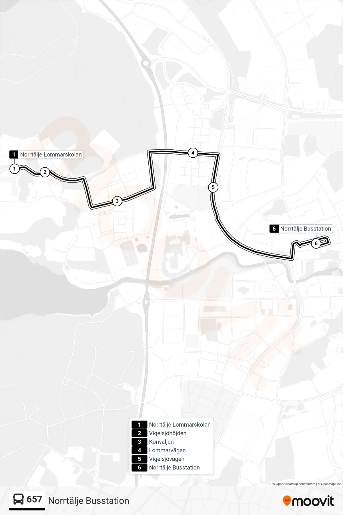 Rutt och hållplatser på karta för linje 657  buss, (Norrtälje Busstation)