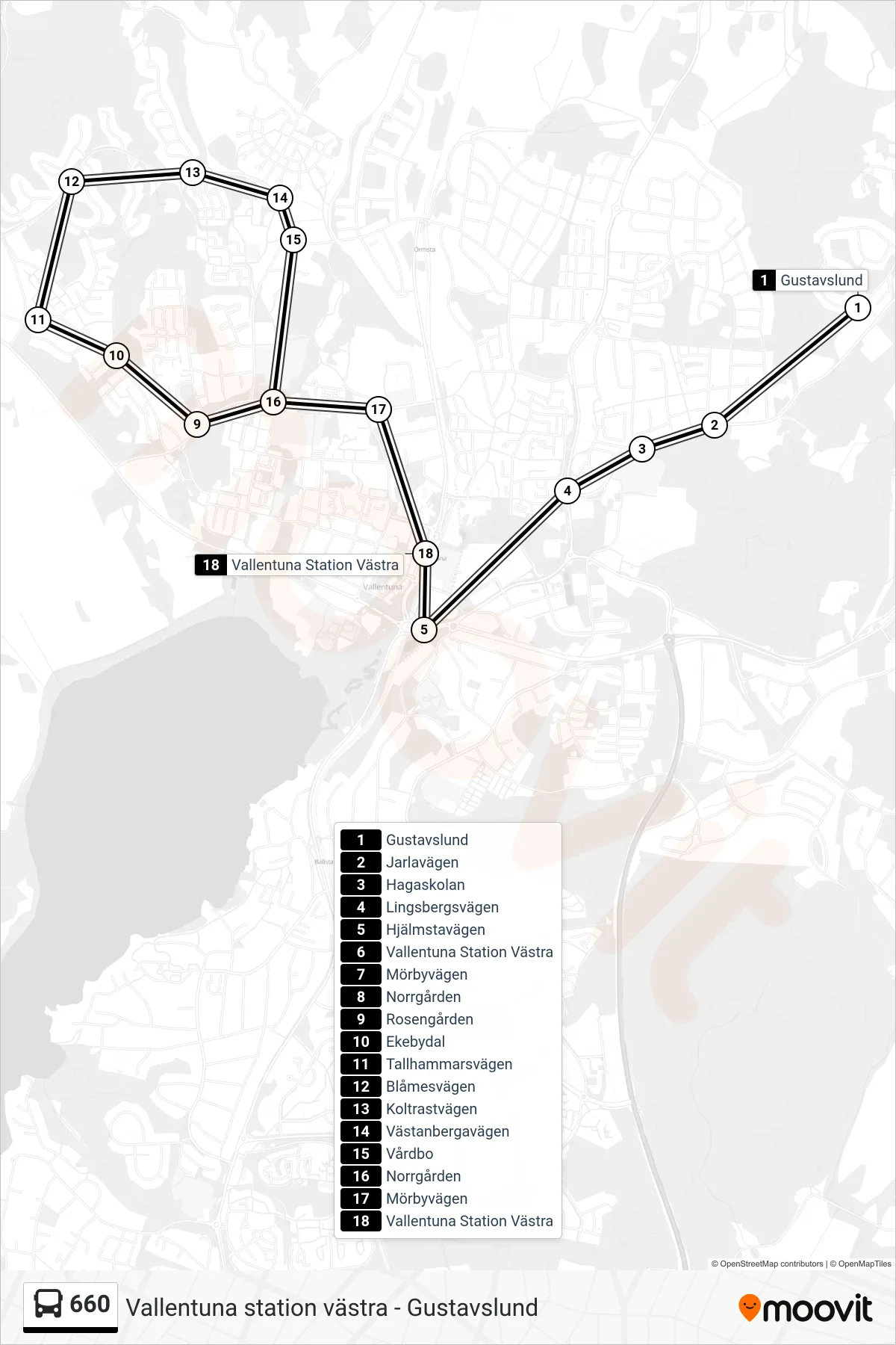 Rutt och hållplatser på karta för linje 660 buss, (Vallentuna Station Västra)
