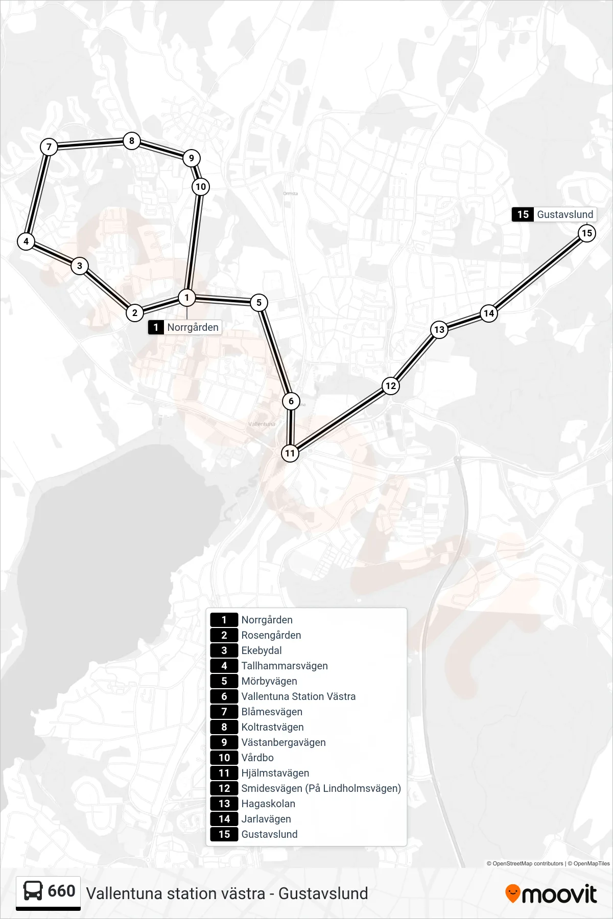 Rutt och hållplatser på karta för linje 660 buss, (Gustavslund)