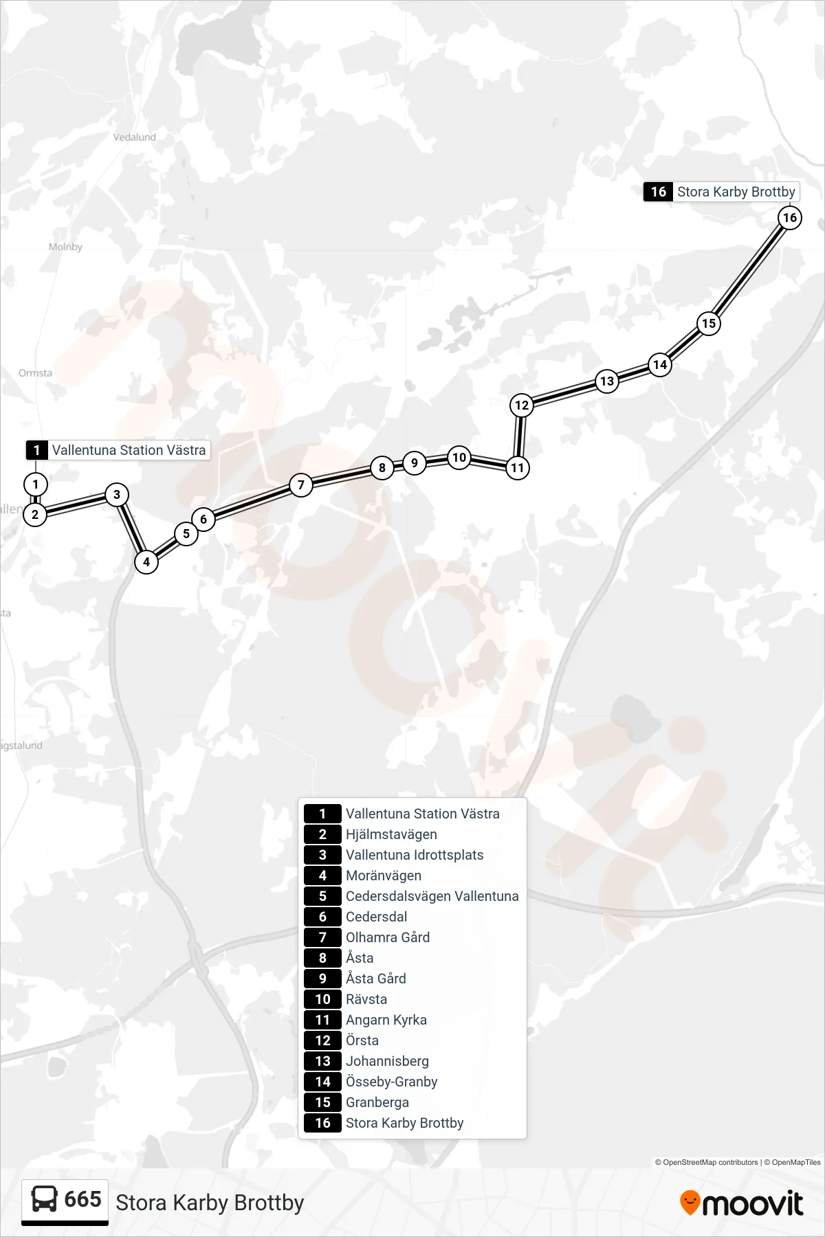 Rutt och hållplatser på karta för linje 665  buss, (Stora Karby Brottby)
