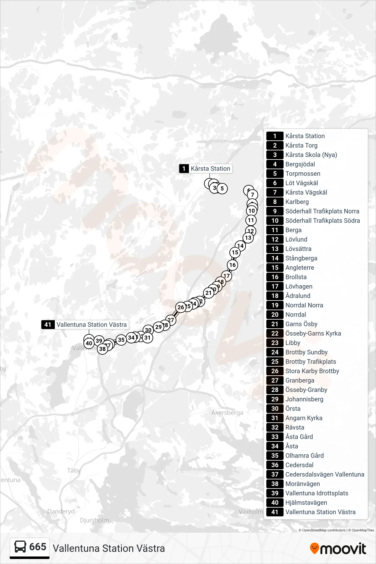 Rutt och hållplatser på karta för linje 665 buss, (Vallentuna Station Västra)