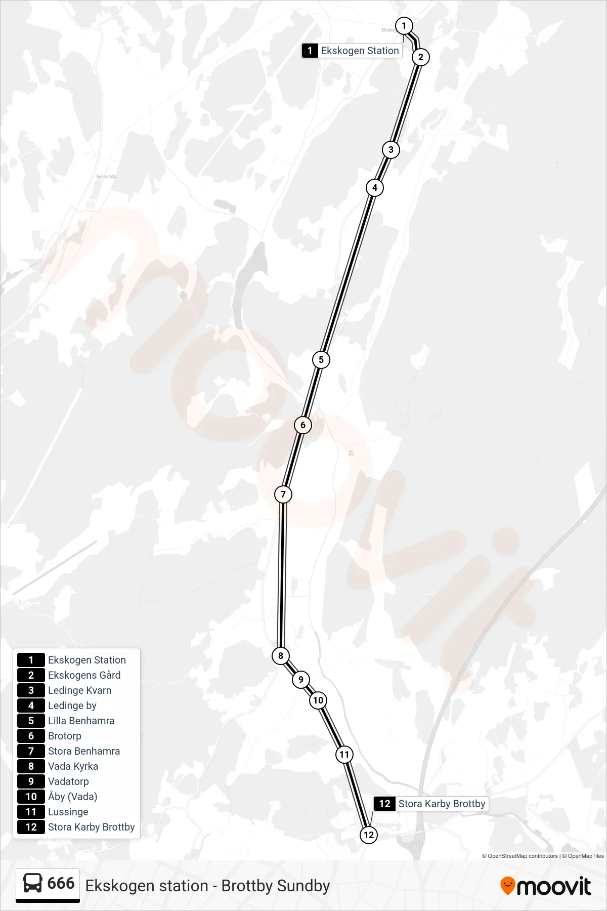 Rutt och hållplatser på karta för linje 666  buss, (Stora Karby Brottby)