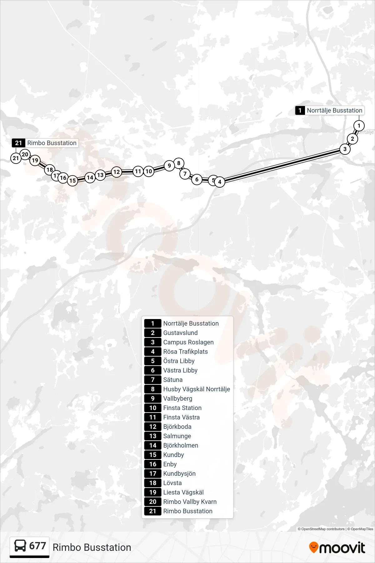 Rutt och hållplatser på karta för linje 677 buss, (Rimbo Busstation)