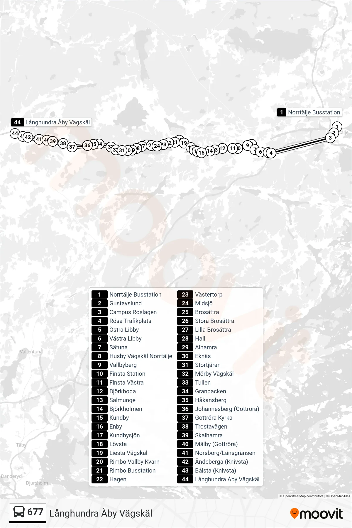 Rutt och hållplatser på karta för linje 677  buss, (Långhundra Åby Vägskäl)
