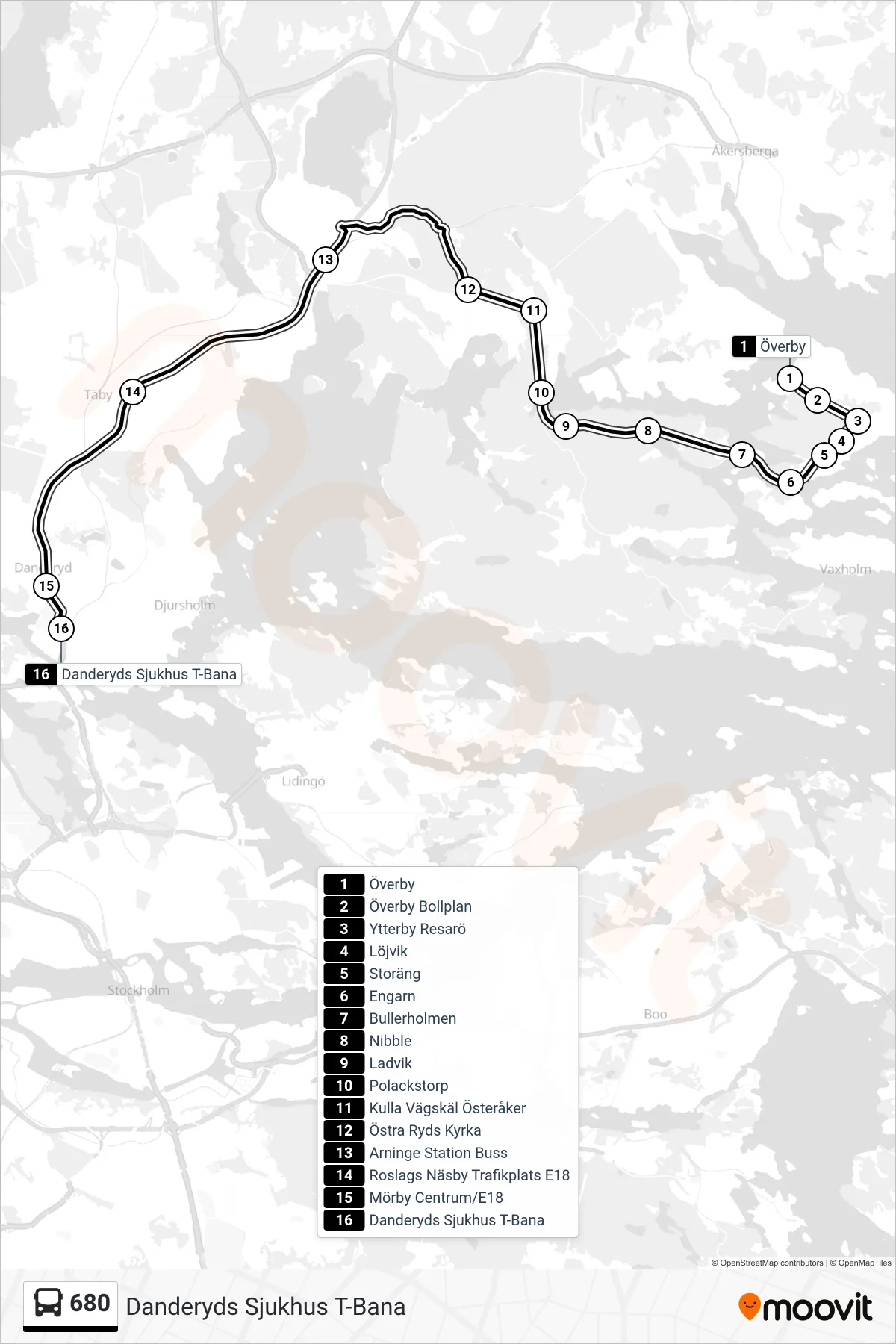 Rutt och hållplatser på karta för linje 680 buss, (Danderyds Sjukhus T-Bana)