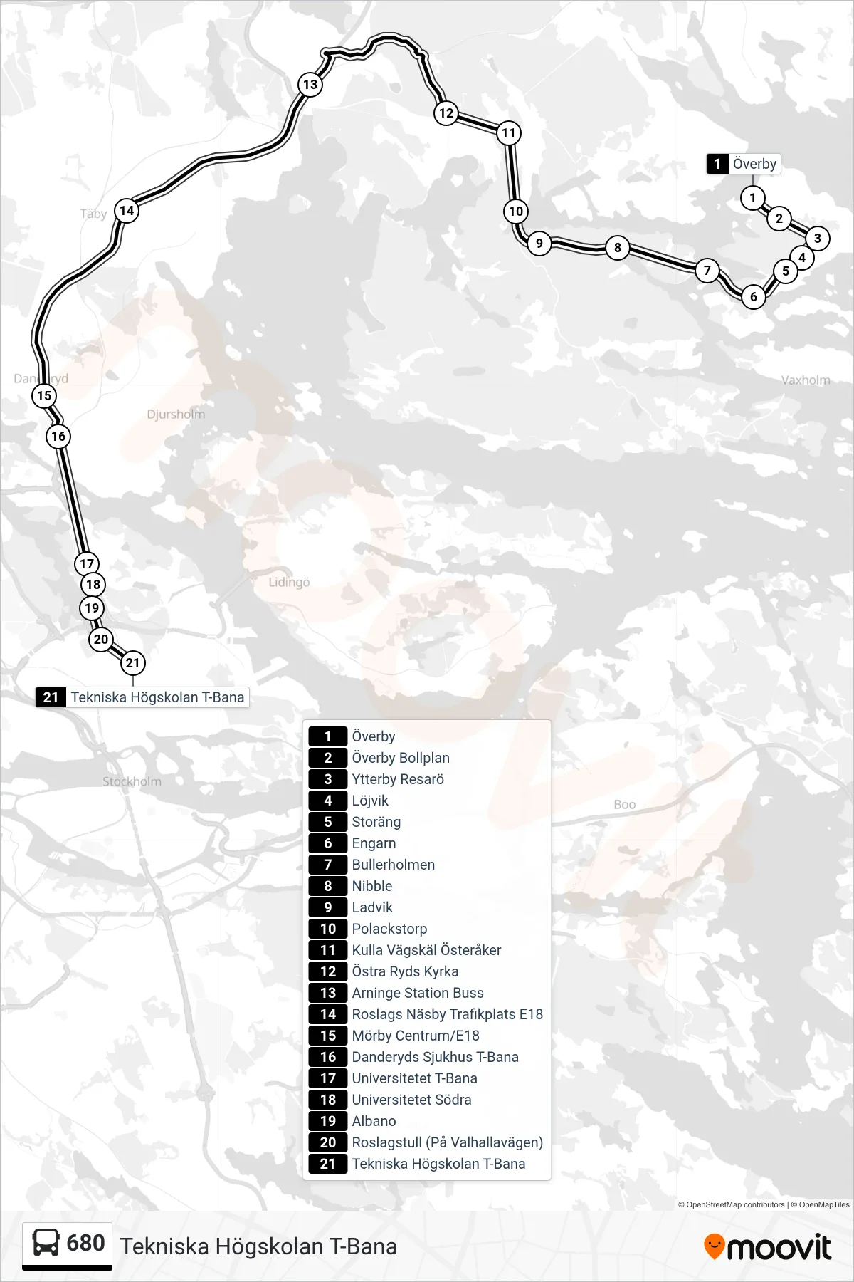 Rutt och hållplatser på karta för linje 680 buss, (Tekniska Högskolan T-Bana)