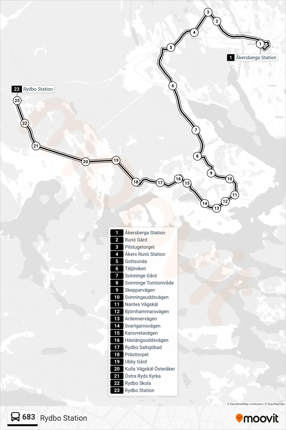 Rutt och hållplatser på karta för linje 683  buss, (Rydbo Station)