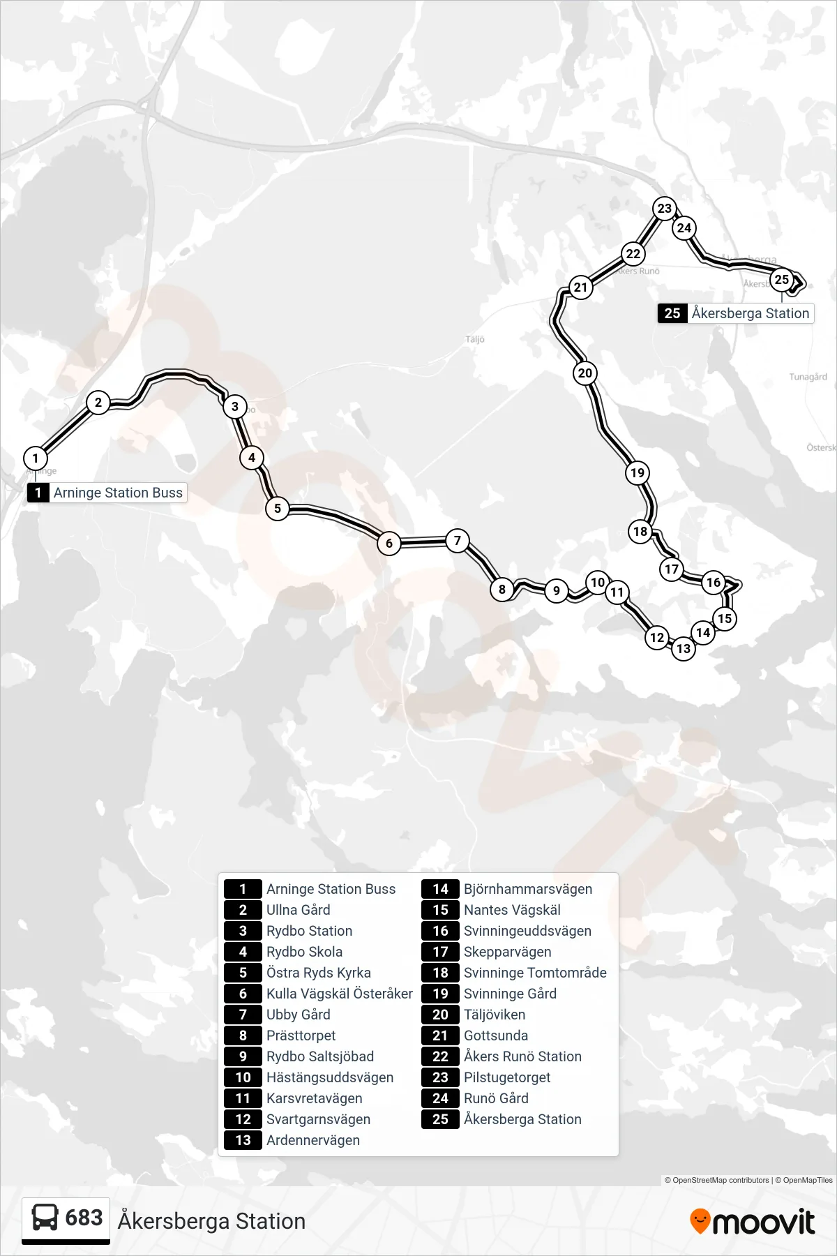 Rutt och hållplatser på karta för linje 683 buss, (Åkersberga Station)