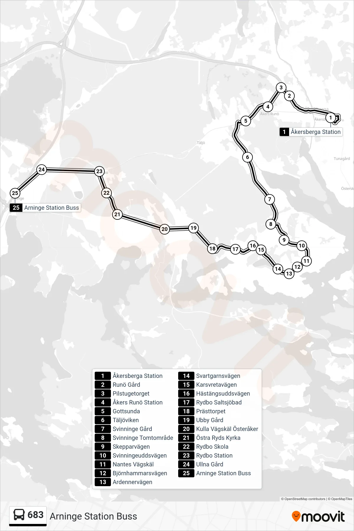 Rutt och hållplatser på karta för linje 683 buss, (Arninge Station Buss)
