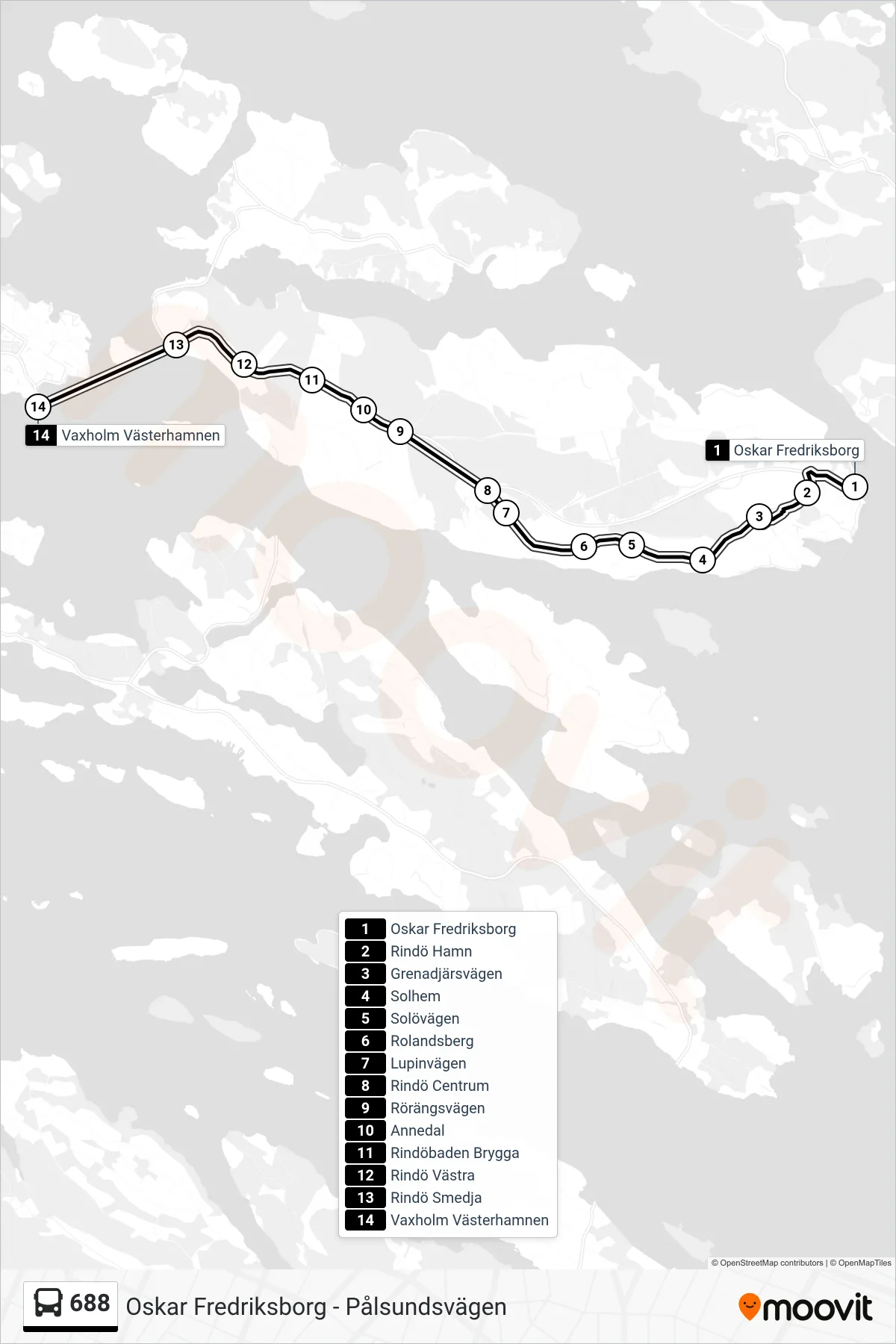 Rutt och hållplatser på karta för linje 688 buss, (Vaxholm Västerhamnen)