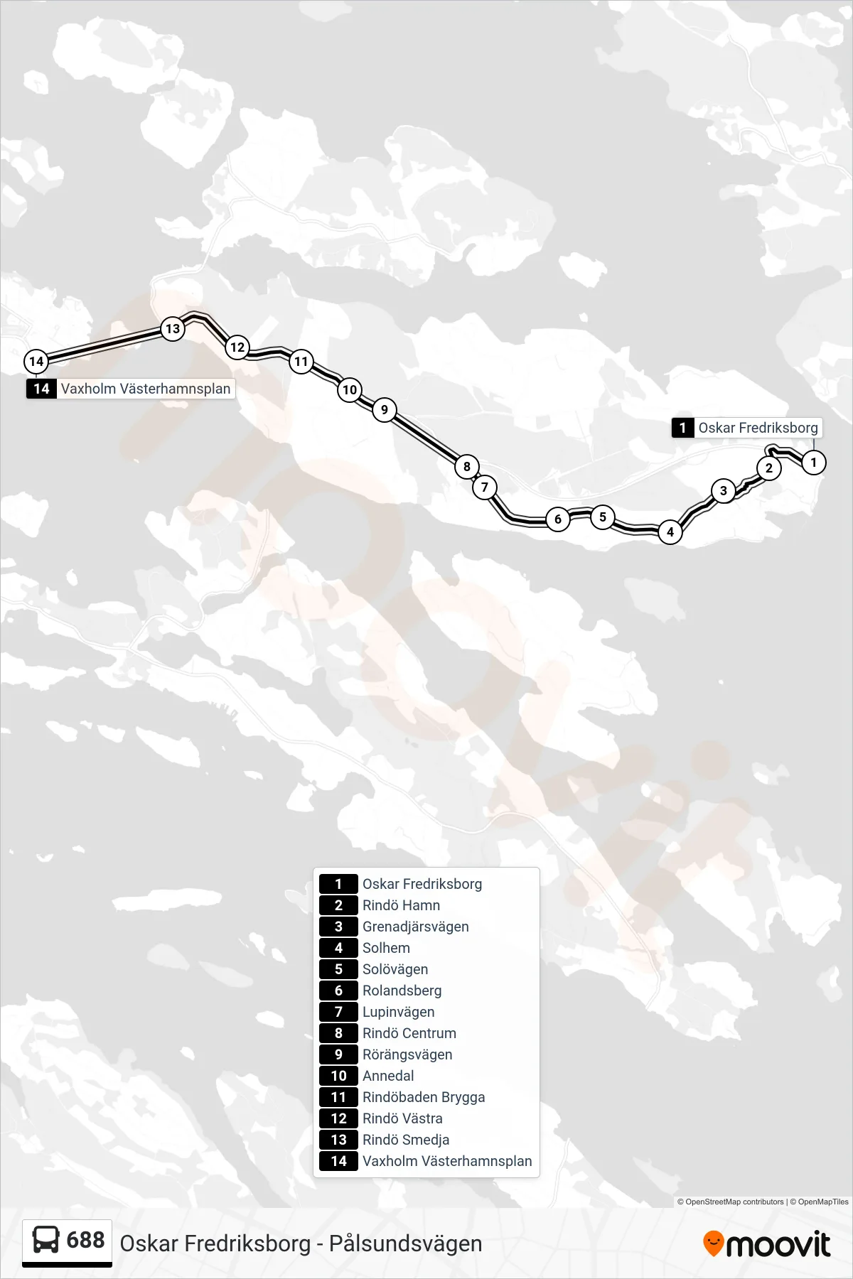 Rutt och hållplatser på karta för linje 688  buss, (Vaxholm Västerhamnsplan)