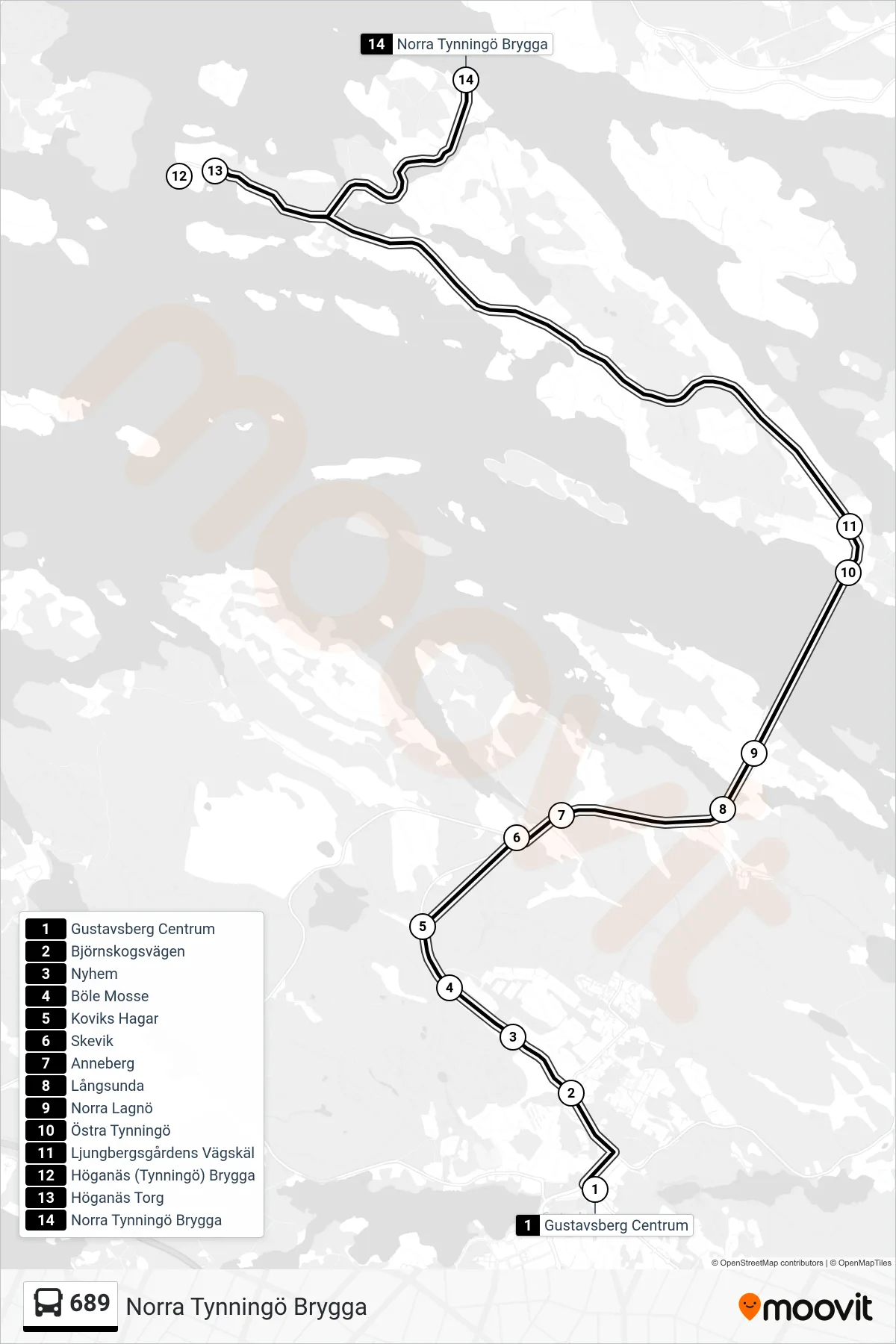 Rutt och hållplatser på karta för linje 689  buss, (Norra Tynningö Brygga)