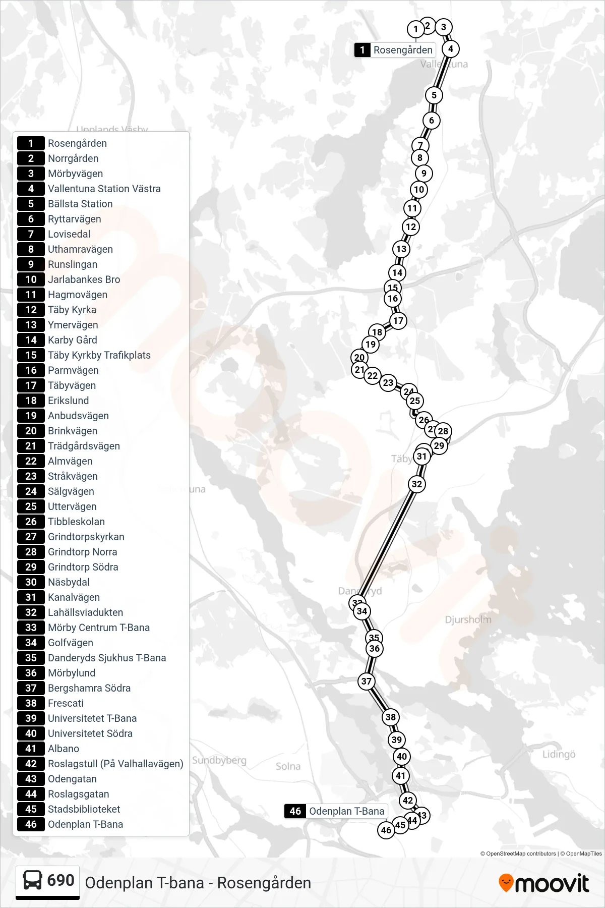 Rutt och hållplatser på karta för linje 690 buss, (Odenplan T-Bana)