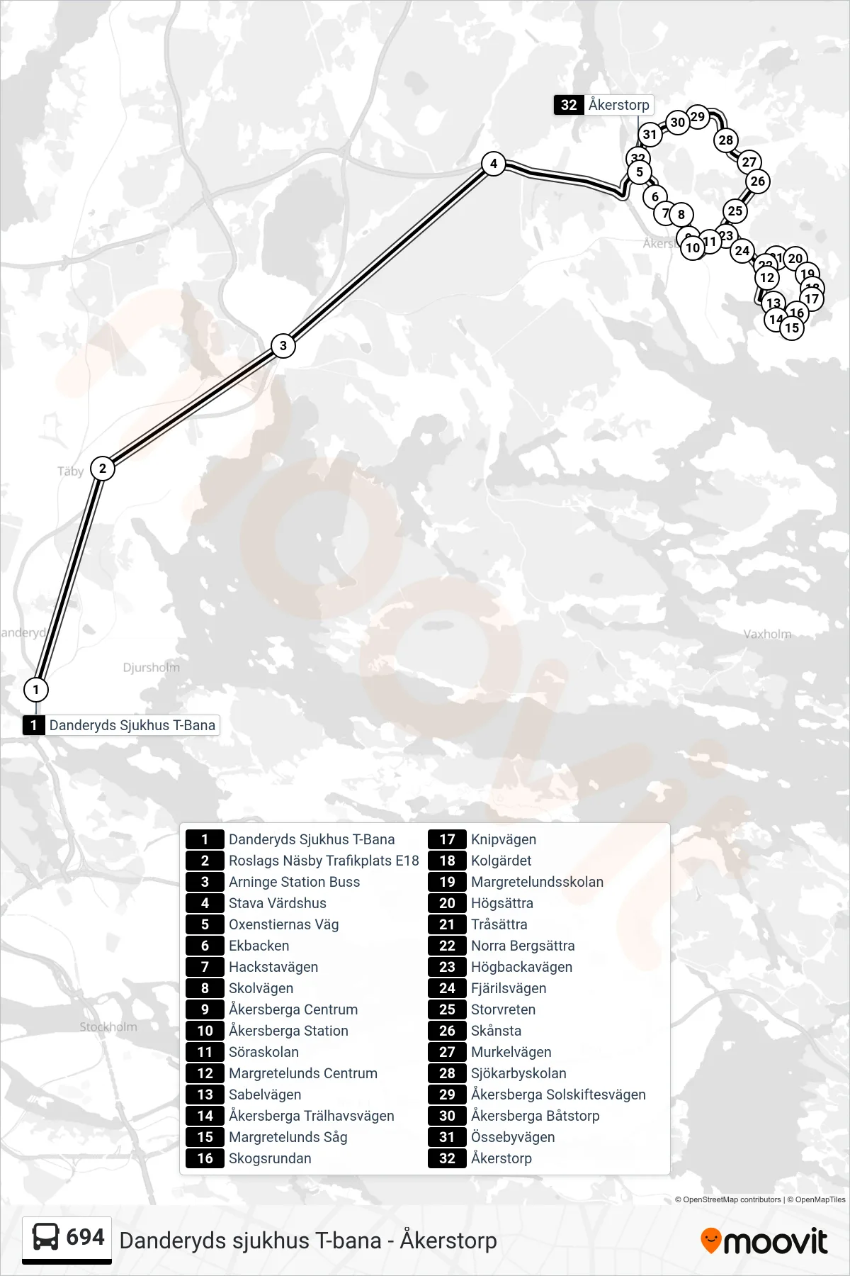 Rutt och hållplatser på karta för linje 694 buss, (Åkerstorp)