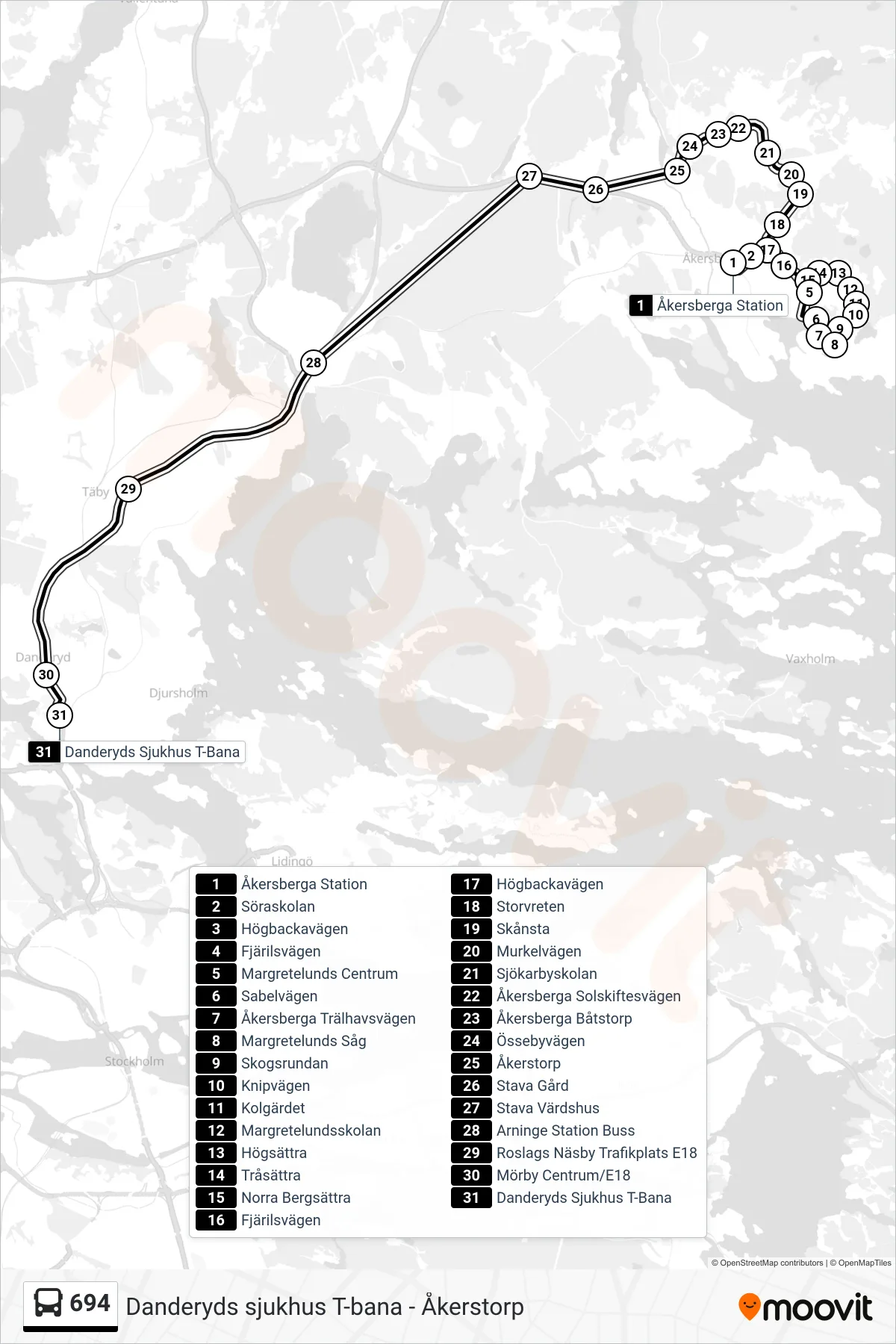 Rutt och hållplatser på karta för linje 694 buss, (Danderyds Sjukhus T-Bana)