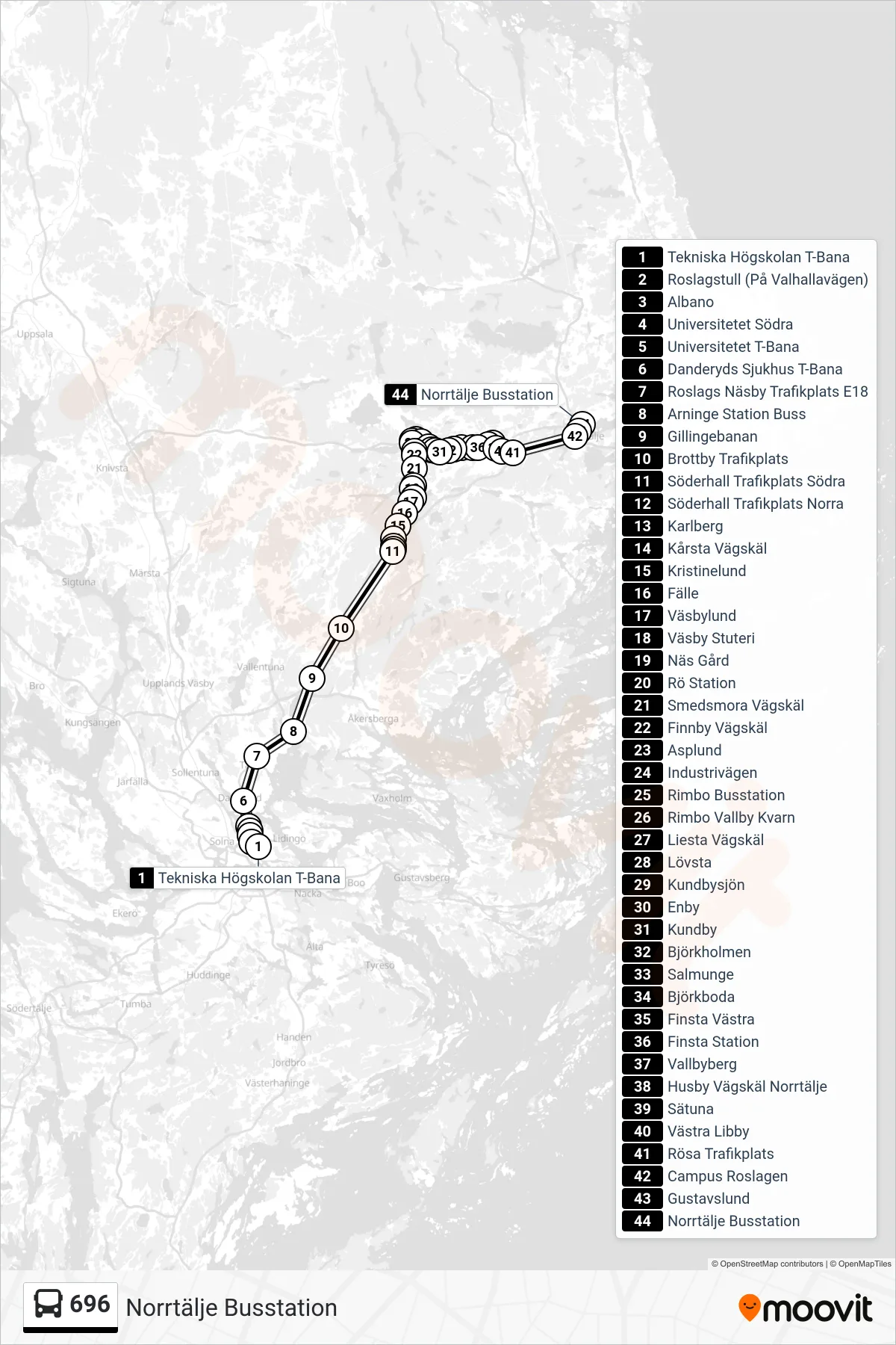 Rutt och hållplatser på karta för linje 696 buss, (Norrtälje Busstation)