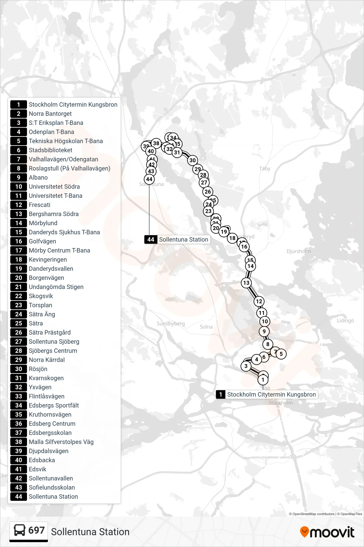 Rutt och hållplatser på karta för linje 697 buss, (Sollentuna Station)