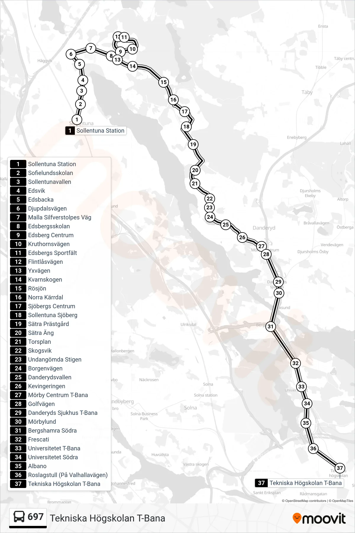 Rutt och hållplatser på karta för linje 697 buss, (Tekniska Högskolan T-Bana)
