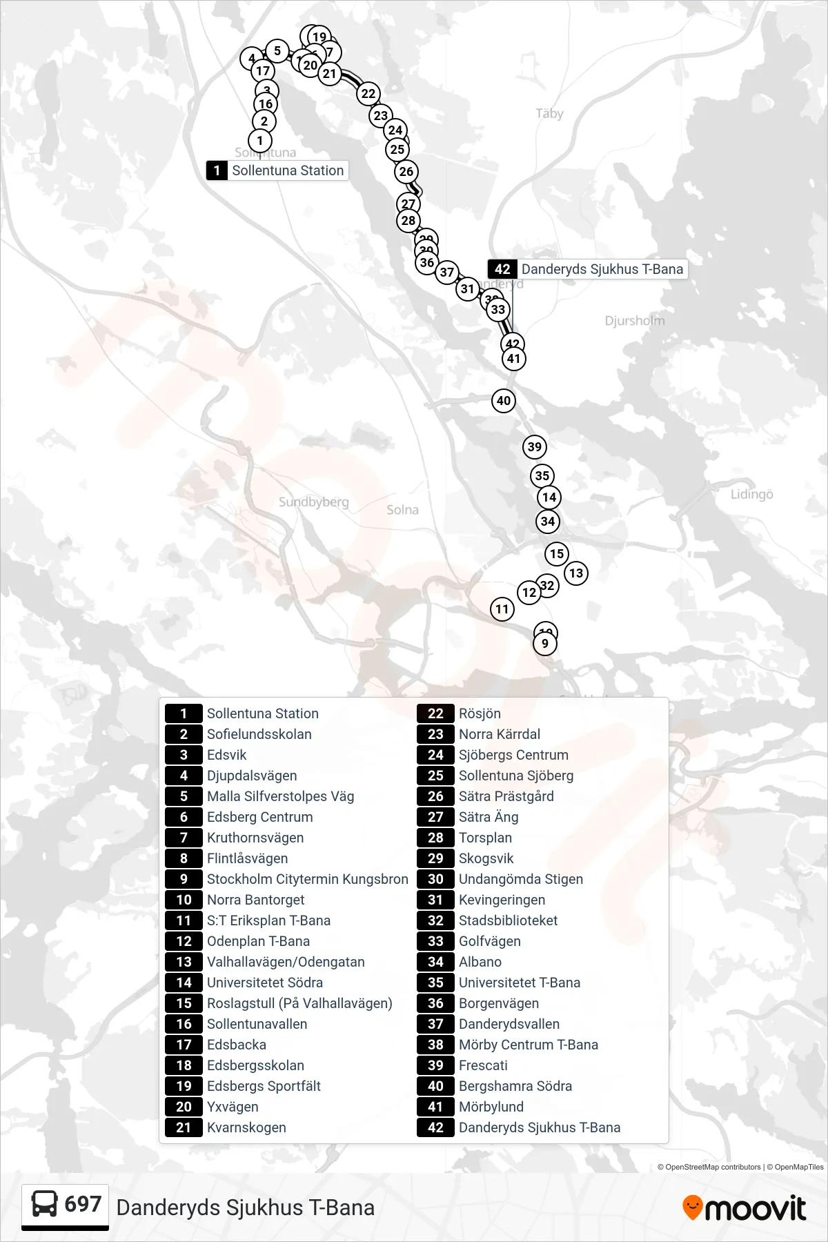Rutt och hållplatser på karta för linje 697  buss, (Danderyds Sjukhus T-Bana)