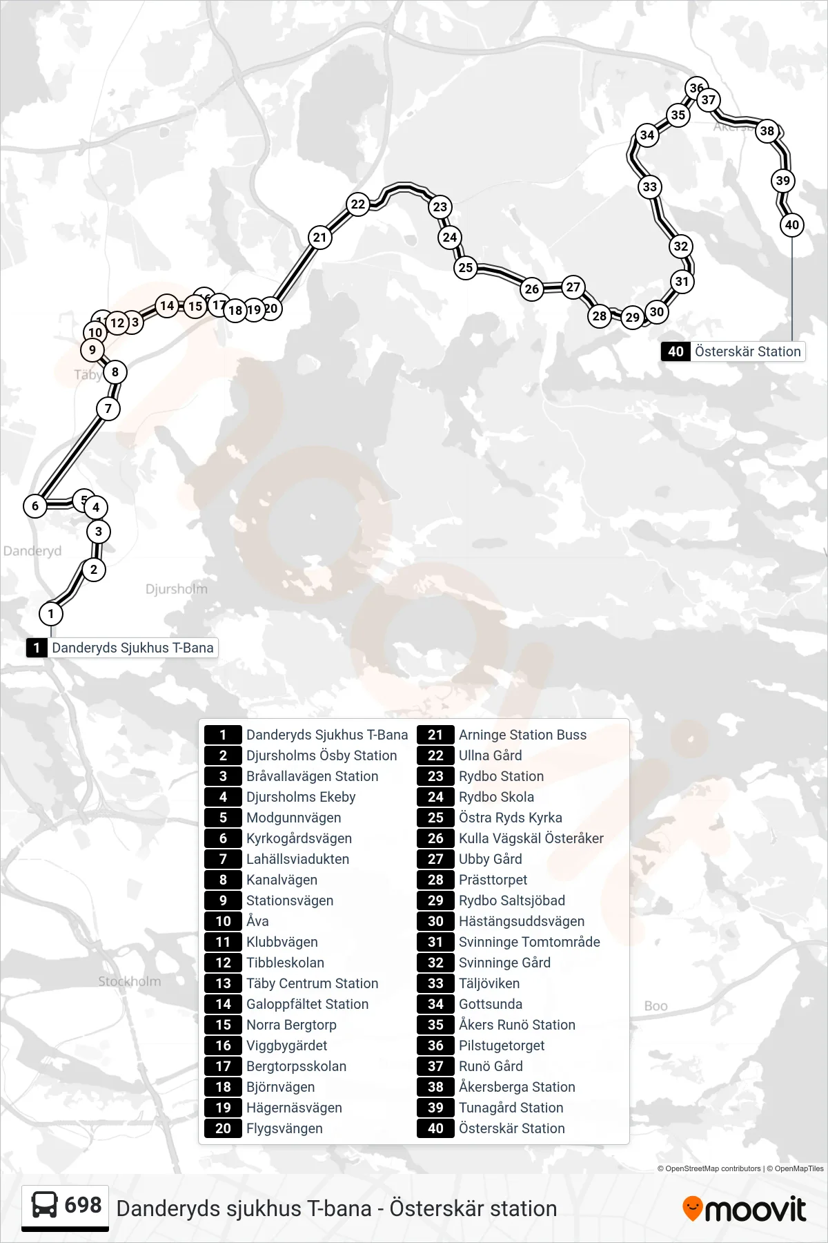 Rutt och hållplatser på karta för linje 698 buss, (Österskär Station)
