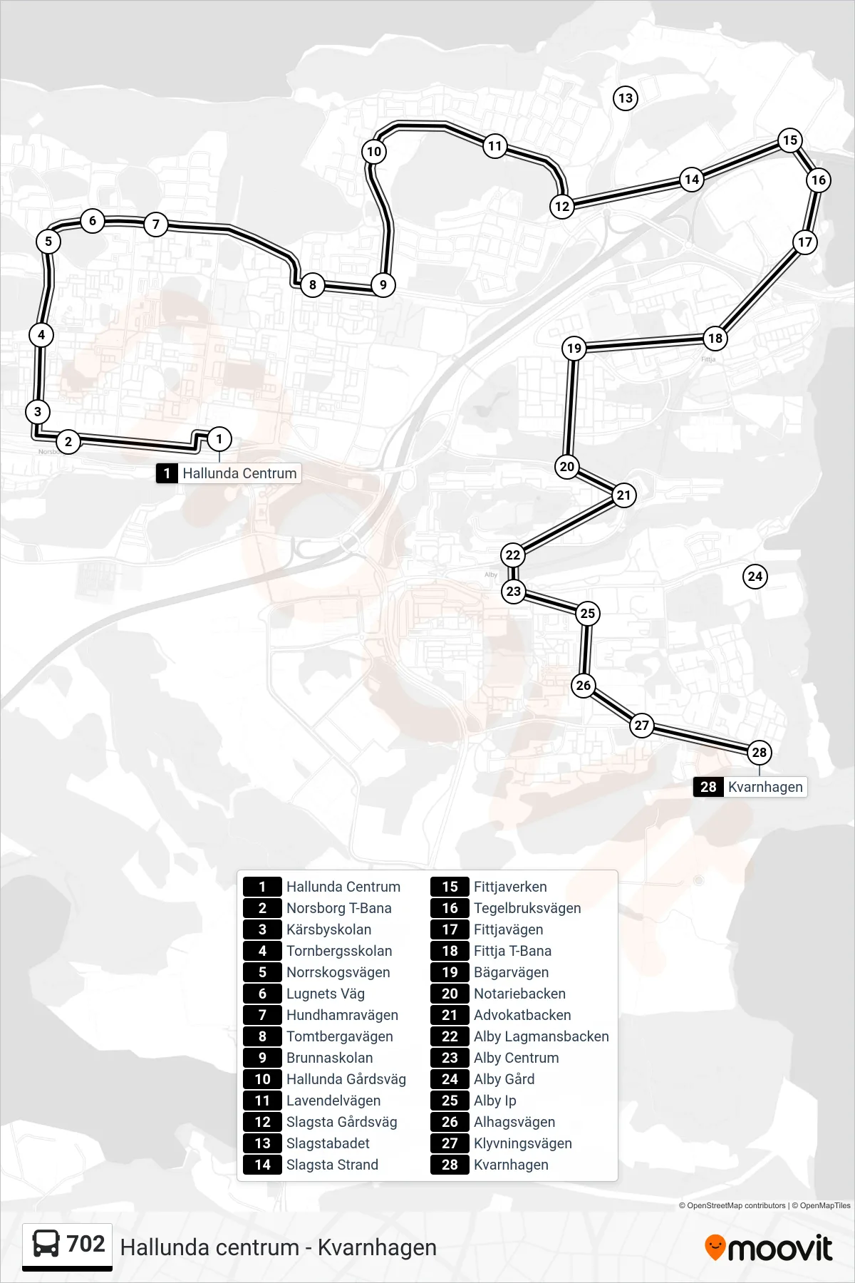 Rutt och hållplatser på karta för linje 702  buss, (Kvarnhagen)