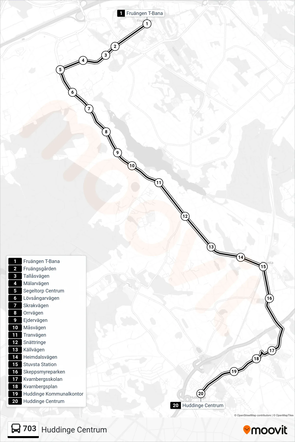 Rutt och hållplatser på karta för linje 703 buss, (Huddinge Centrum)
