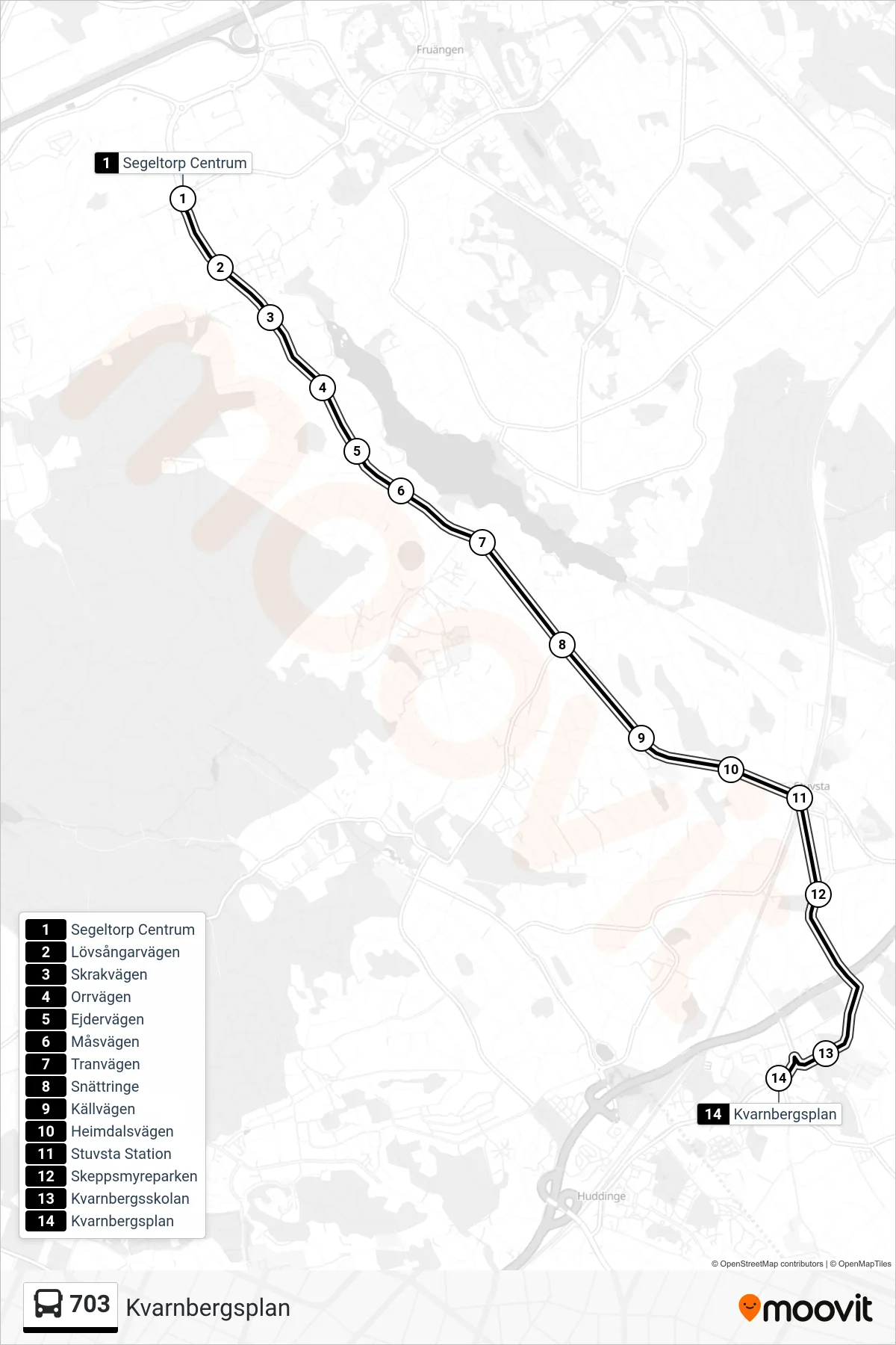 Rutt och hållplatser på karta för linje 703 buss, (Kvarnbergsplan)