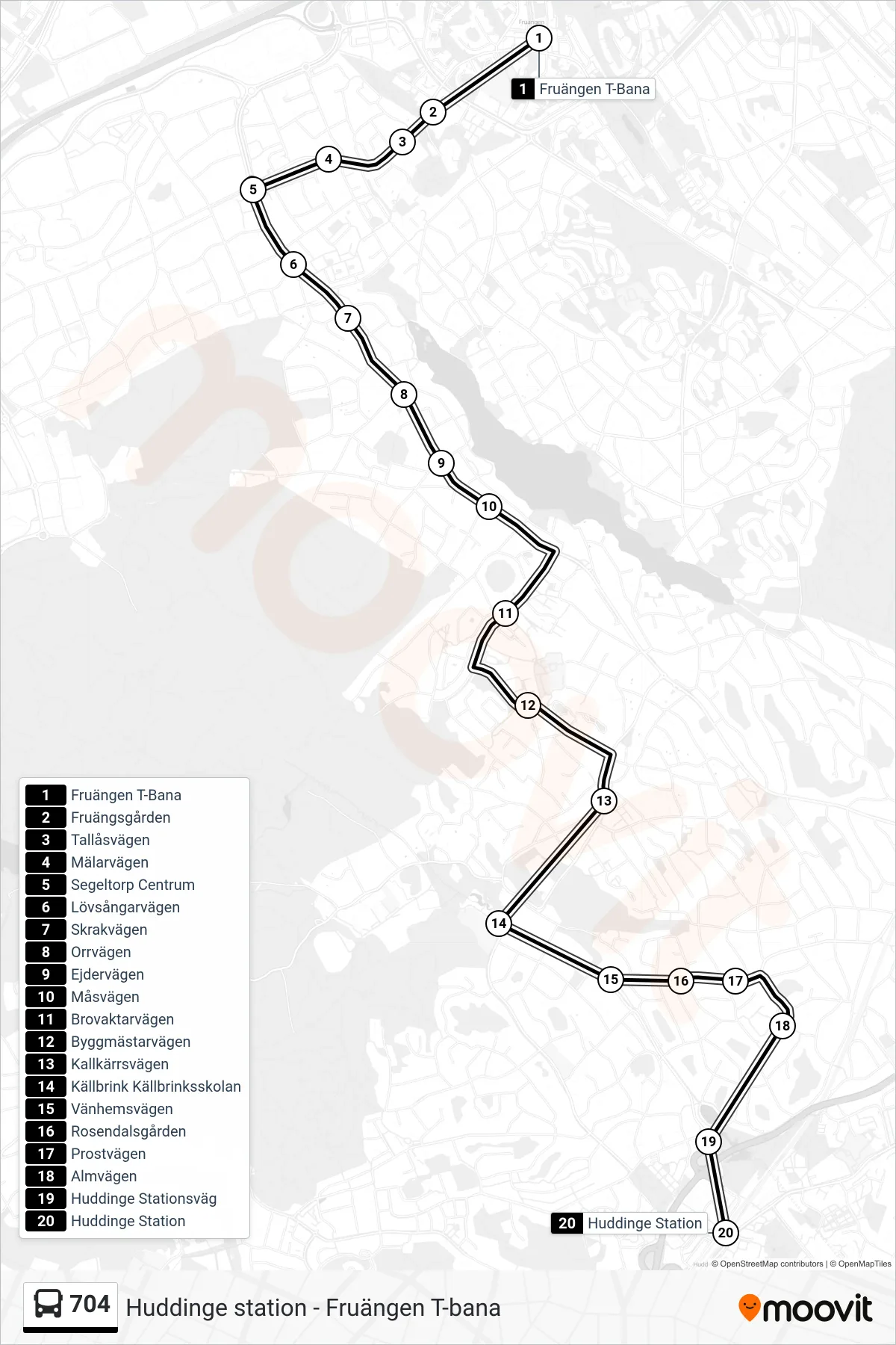 Rutt och hållplatser på karta för linje 704 buss, (Huddinge Station)