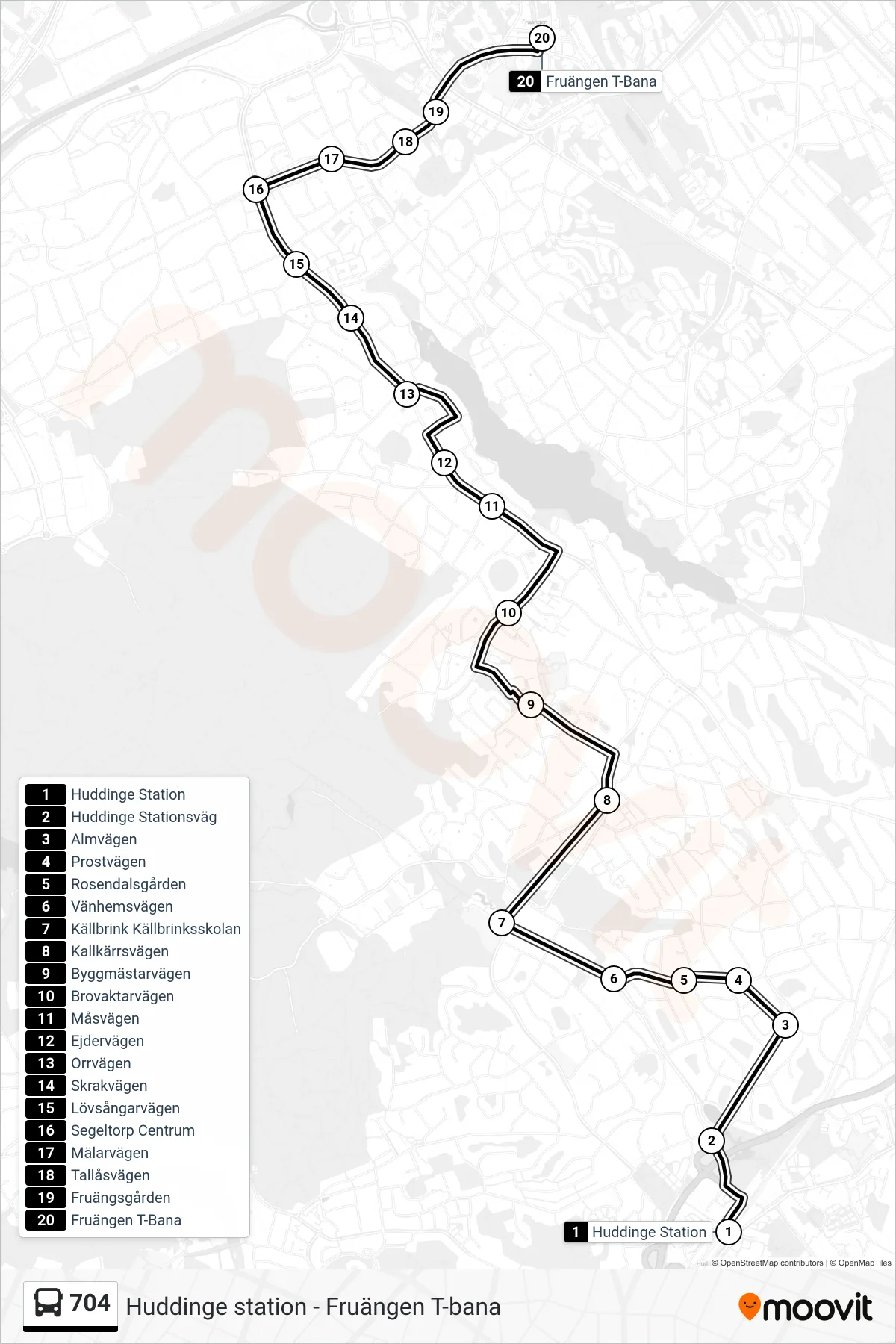 Rutt och hållplatser på karta för linje 704  buss, (Fruängen T-Bana)